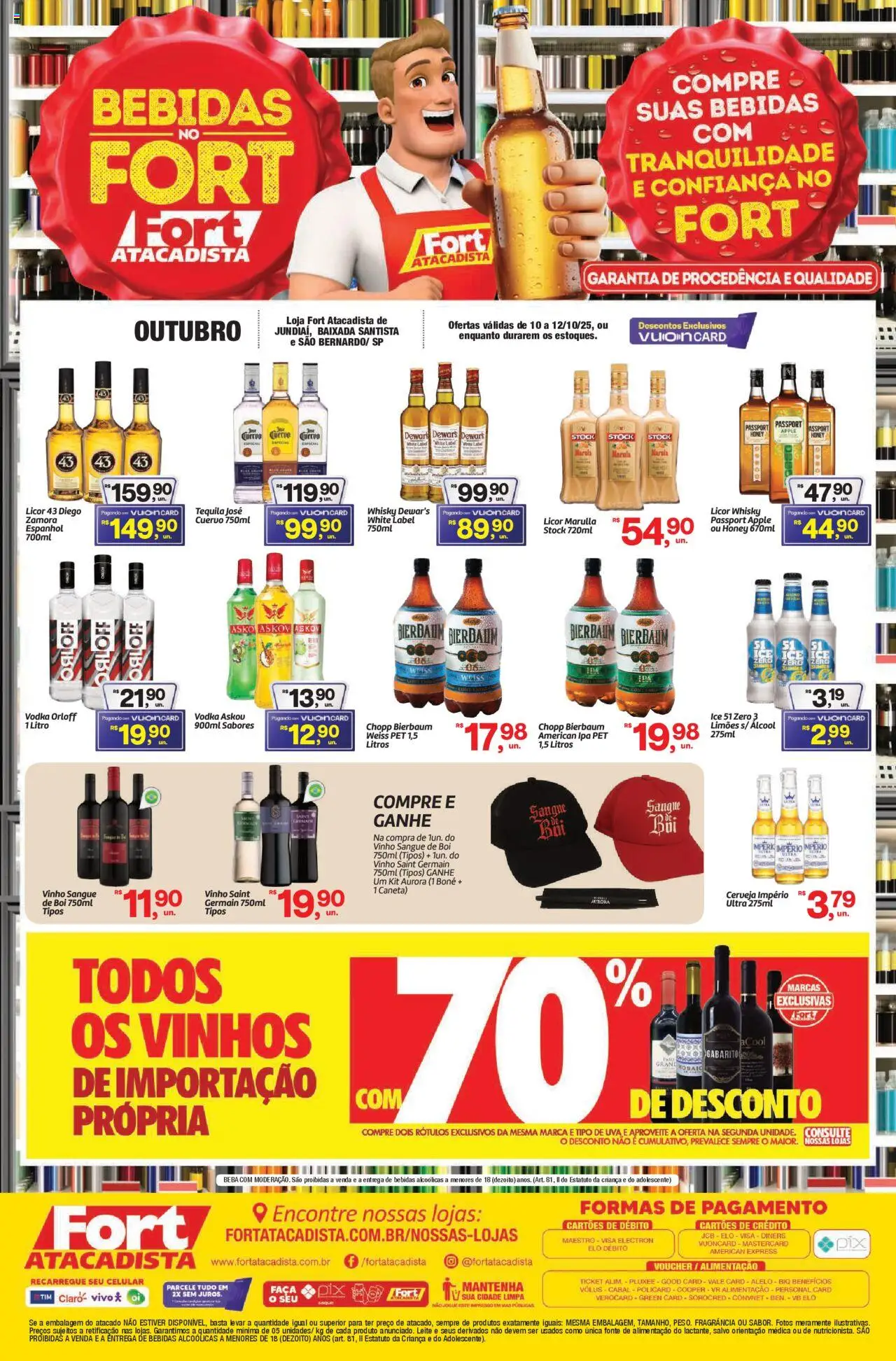 Fort Atacadista folheto "Ofertas Bebidas" válido a partir de 10/10/2025 - número de página 1 - Whisky, Cerveja, Uva, Álcool, Tequila, Boné, Licor, Fragrância