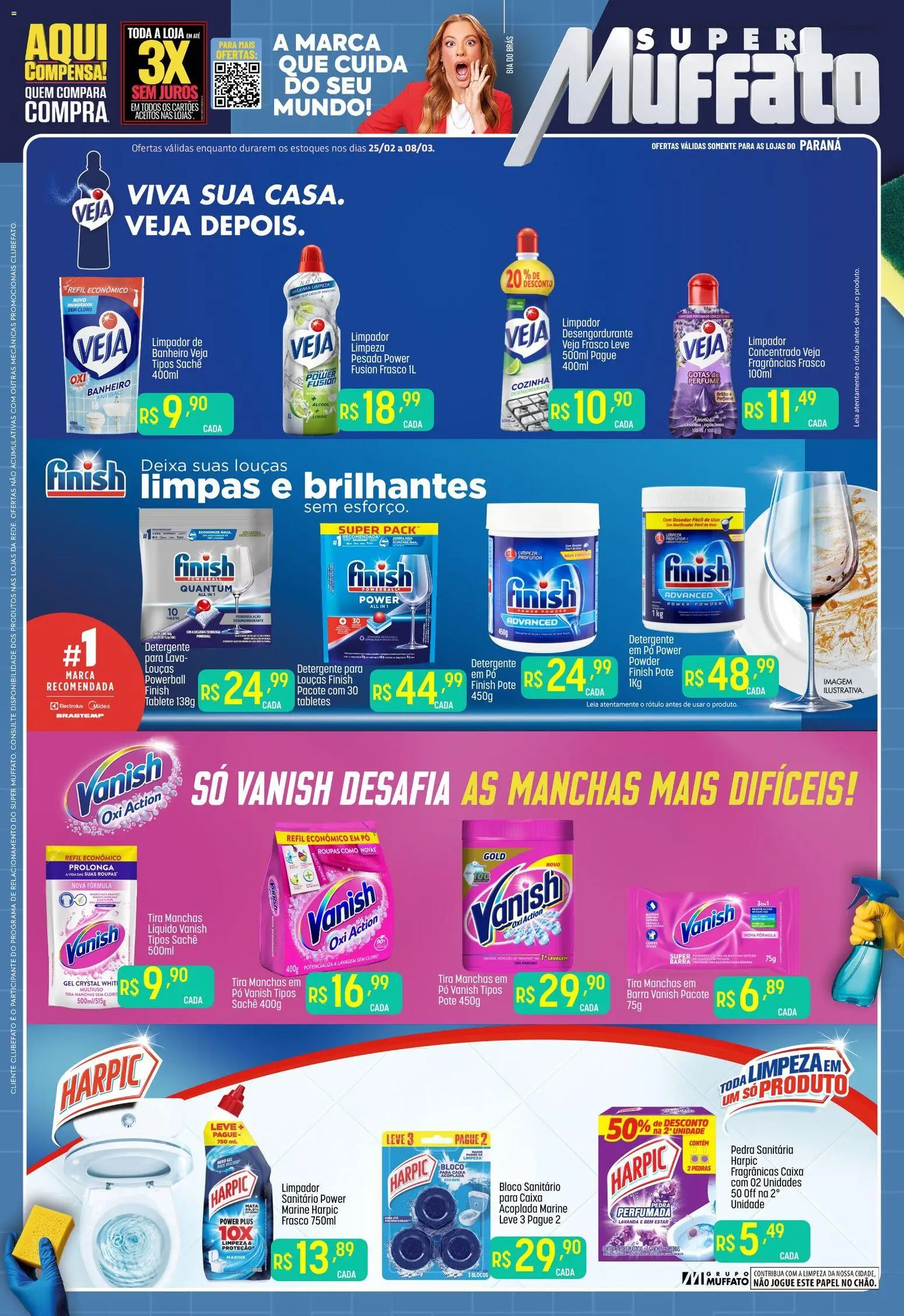 Pré-Visualização do folheto "Ofertas de Limpeza" da loja Super Muffato válido a partir de 25/02/2026 - Perfume, Roupas, Vanish, Pó, Cloro, Tira manchas, Pedra sanitária, Bloco sanitário