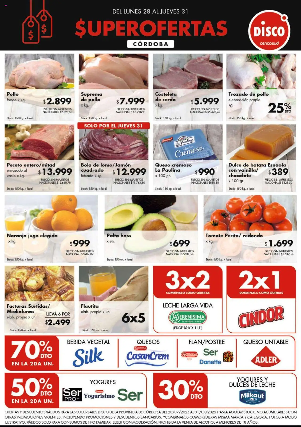 Disco Ofertas - Córdoba del 28/07/2025 Online - Chocolate, Queso, Alcohol, Palta, Batata, Leche, Vainilla, Jugo