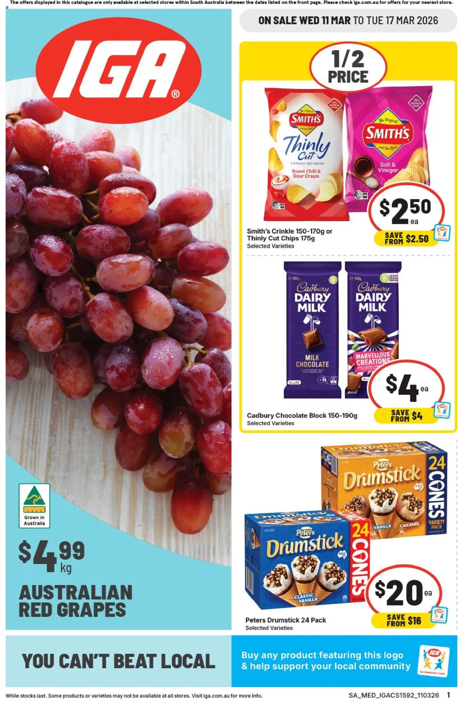 Preview of catalogue IGA catalogue SA from shop IGA valid 11/03/2026 - Light, Milk, Dairy, Chocolate, Sour cream, Chips, Vinegar, Grapes