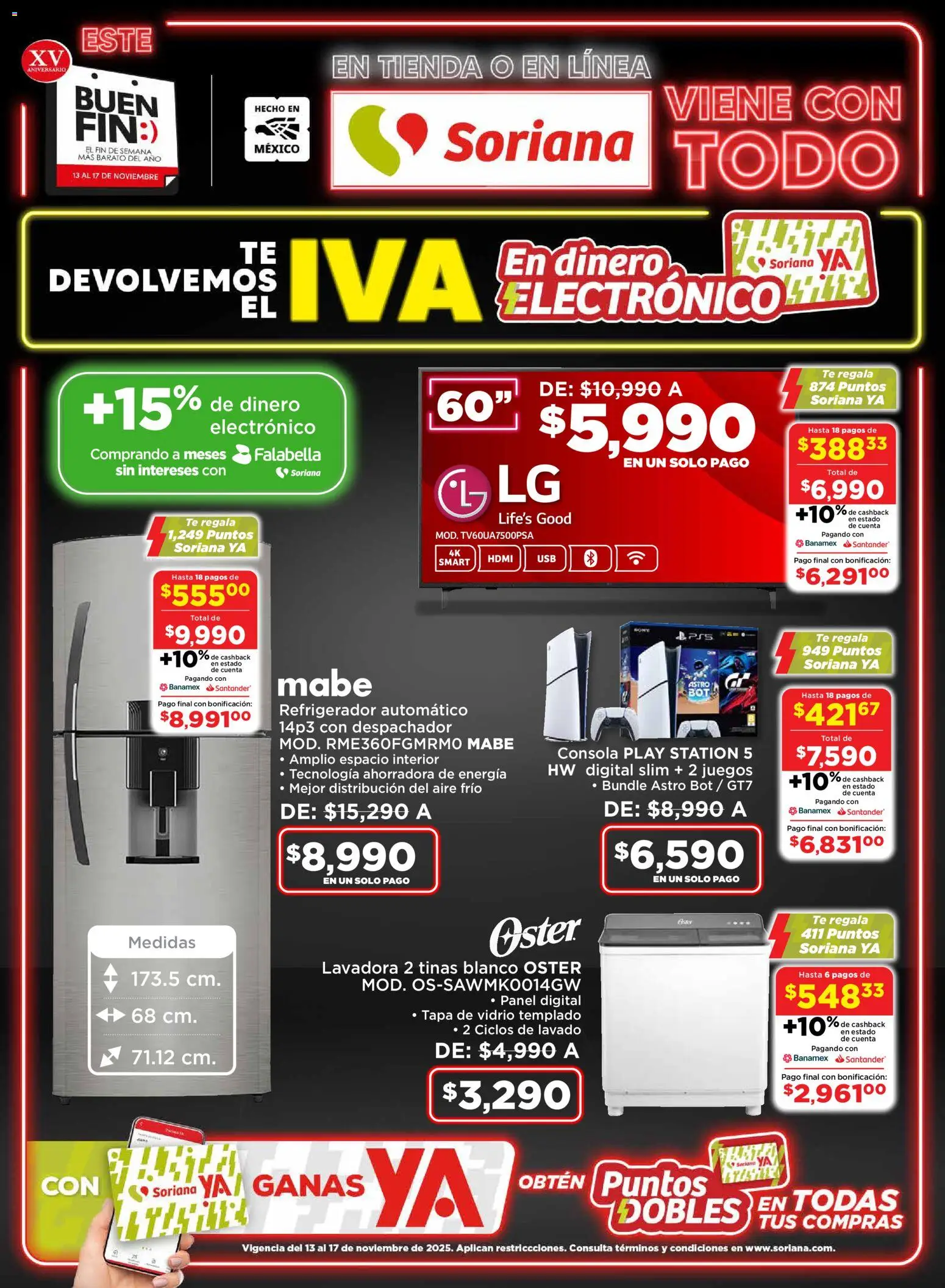 Vista previa las ofertas de la tienda Soriana - Buen Fin Mercado Frontera desde el 13/11/2025 - Refrigerador, Lavadora, Té