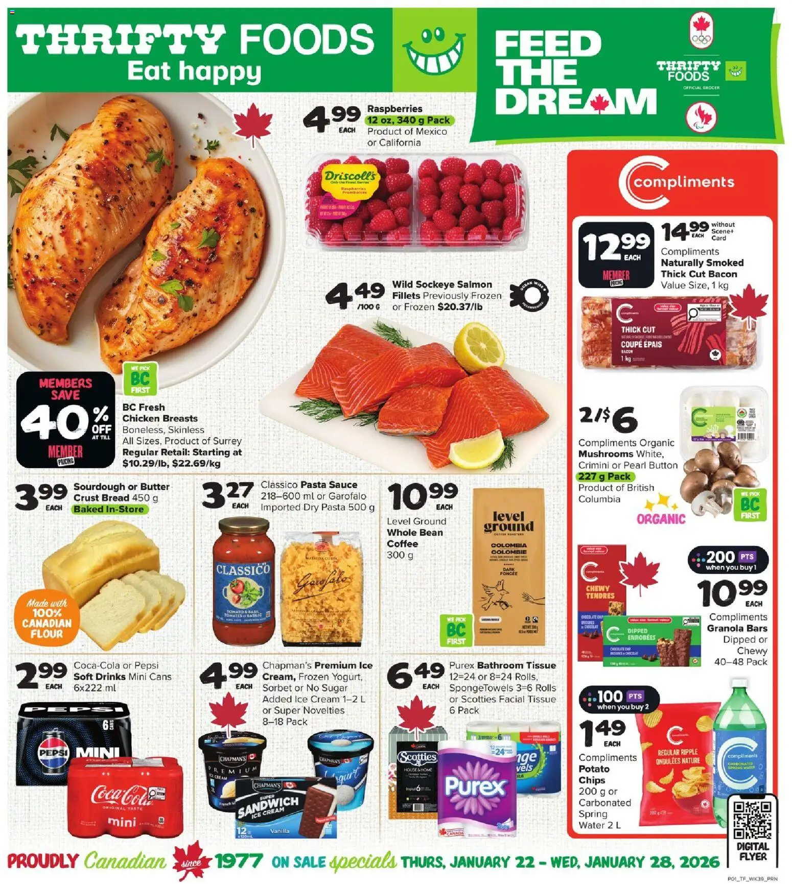 Preview of leaflet Weekly flyer / circulaire from shop Thrifty Foods is valid from Jan 22, 2026 - Coffee, Ice cream, Chicken, Mushrooms, Pepsi, Sugar, Chicken breasts, Flour