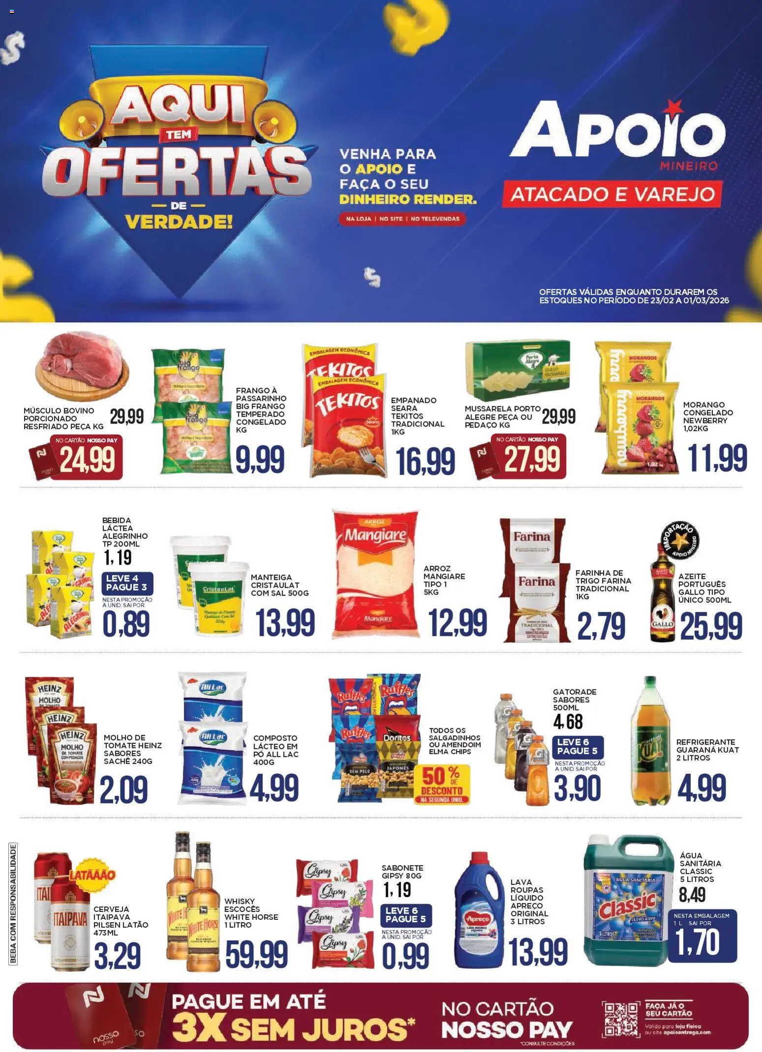 Pré-Visualização do folheto "Ofertas da semana" da loja Apoio Mineiro válido a partir de 23/02/2026 - Sal, Arroz, Azeite, Refrigerante, Pó, Água sanitária, Guaraná, Faca