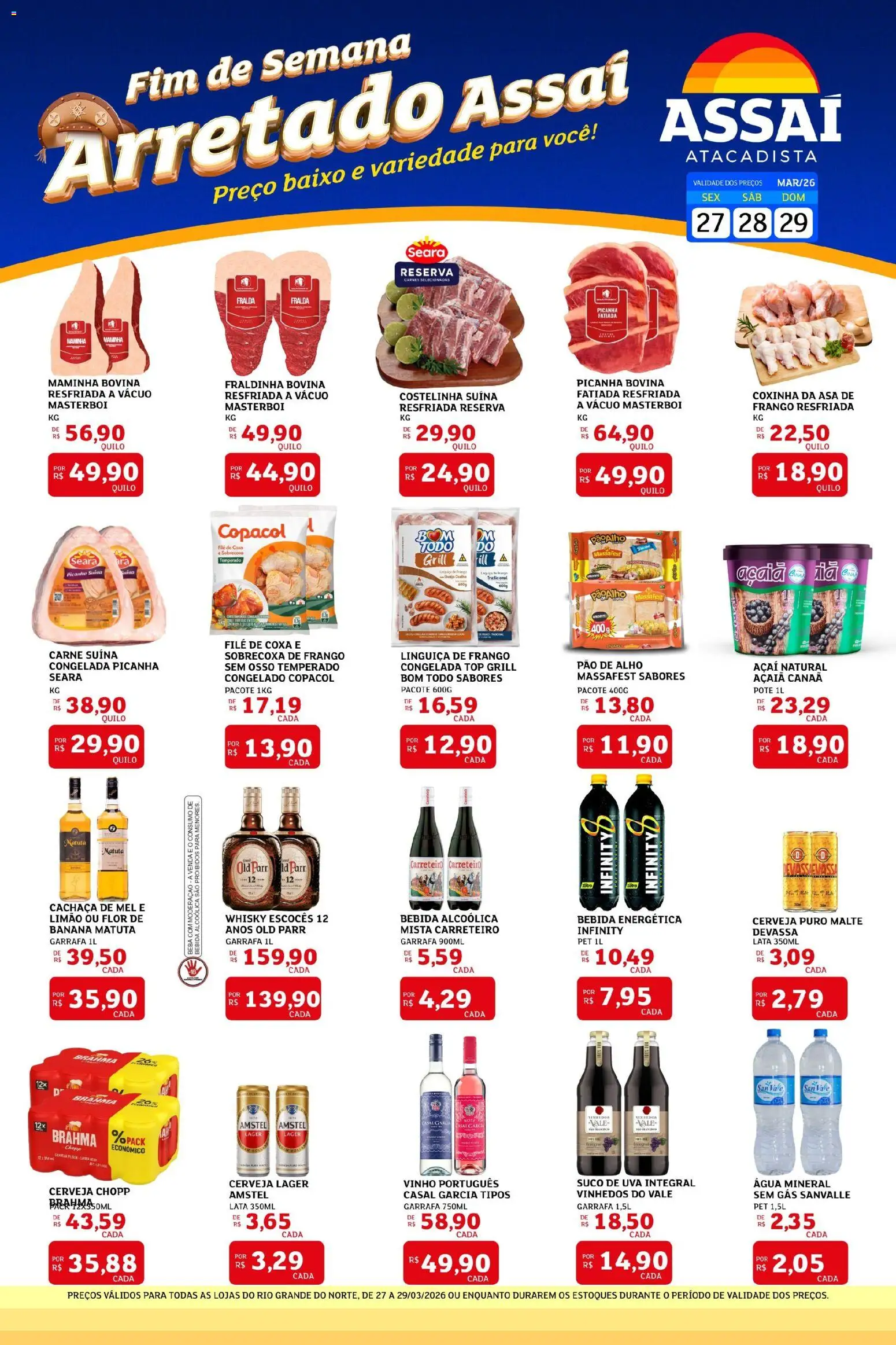 Pré-Visualização do folheto "Assaí Atacadista ofertas - RN" da loja Assaí Atacadista válido a partir de 27/03/2026 - Açaí, Whisky, Vinho, Massa, Cachaça, Grill, Alho, Água mineral