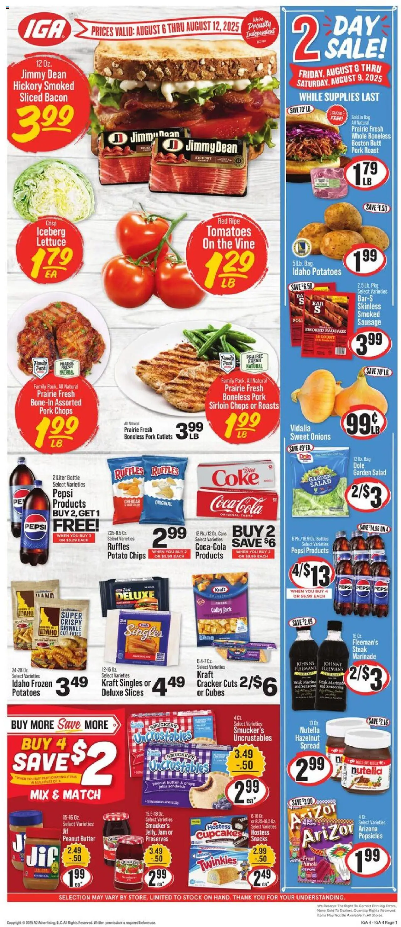 IGA Weekly Ad from 08/06/2025 - Flyer - Page number 1 - Steak, Chips, Fruit, Potatoes, Nutella, Peanut butter, Bag, Spread