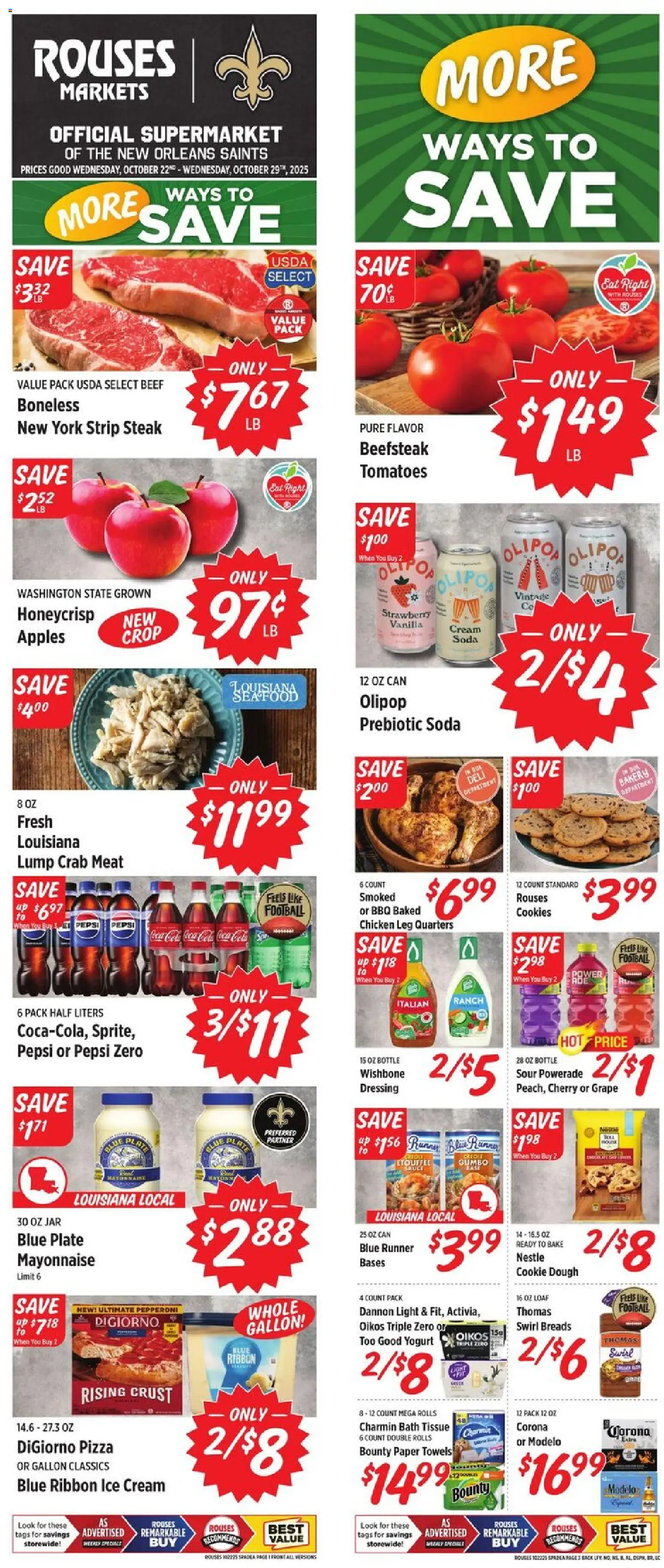 Rouses Weekly Ad from 10/22/2025 - Flyer - Page number 1 - Cookies, Steak, Dressing, Tomatoes, Bath, Vanilla, Pepsi Zero, Chicken