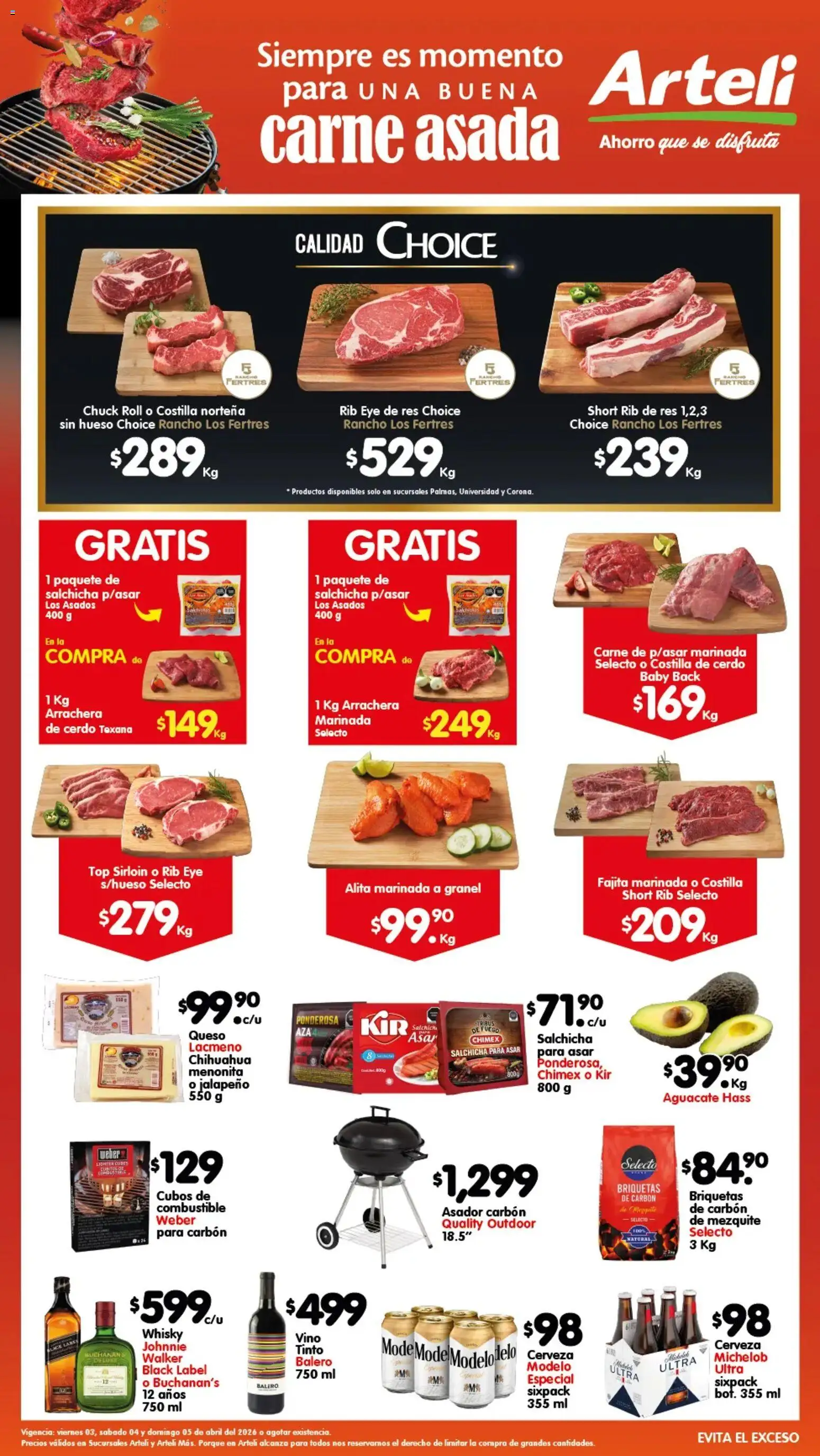 Vista previa las ofertas de la tienda Arteli - Arteli folleto Carnita Asada desde el 03/04/2026 - Whisky, Aguacate, Queso, Short, Vino, Cerdo, Salchicha, Res