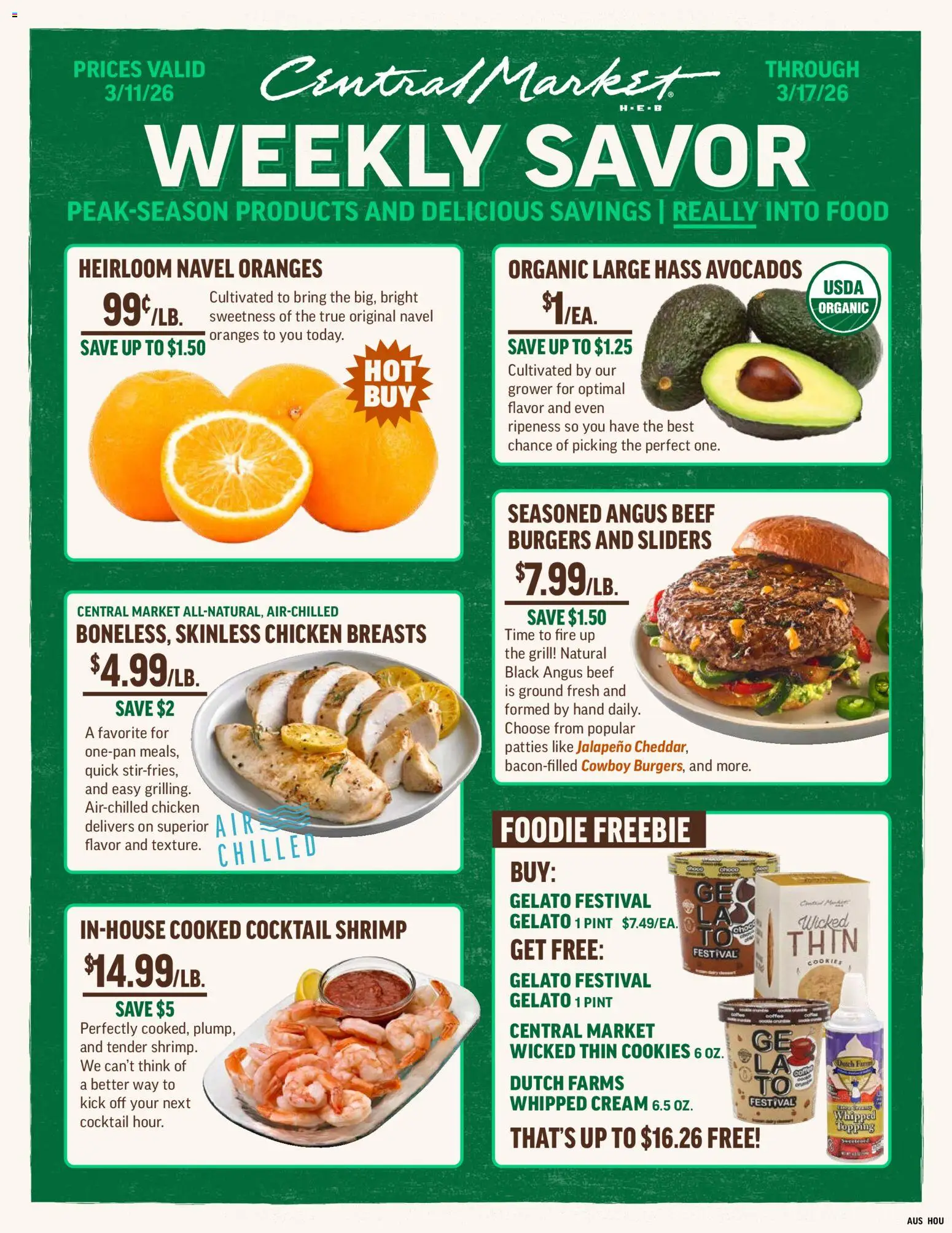 Ad Preview of Central Market Central Market Weekly Ad from 03/11/2026 - Cookies, Oranges, Grill, Shrimp, Whipped cream, Chicken breasts, Cream, Chicken