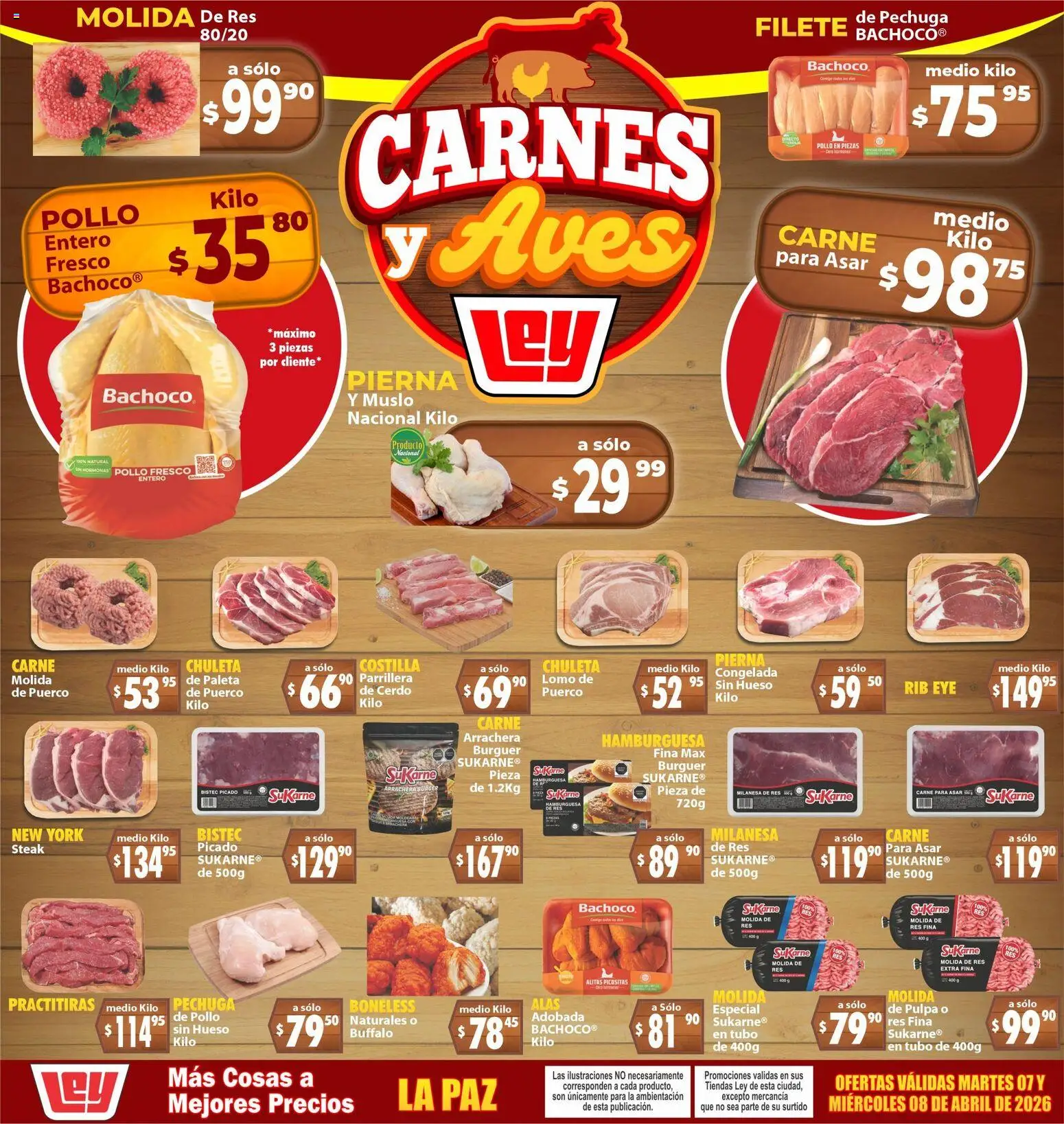 Vista previa las ofertas de la tienda Casa Ley - Casa Ley folleto Carnes y Aves La Paz desde el 07/04/2026 - Hamburguesa, Aves, Cerdo, Bistec, Paleta, Milanesa, Res, Steak