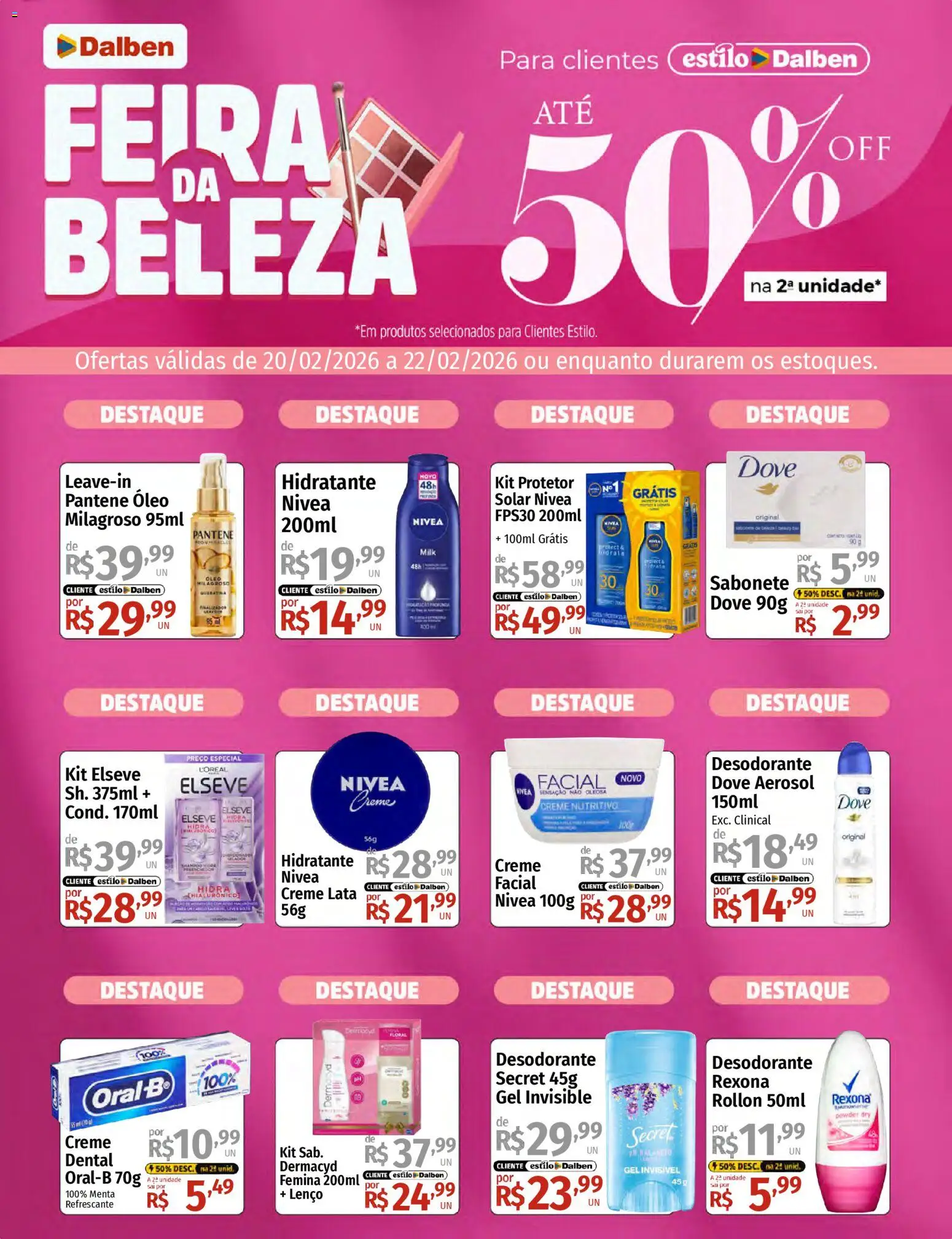Pré-Visualização do folheto "Supermercado Dalben ofertas Feira da Beleza" da loja Supermercado Dalben válido a partir de 20/03/2026 - Protetor solar, Desodorante, Óleo, Sabonete, Creme, Rexona, Dove, Lenço