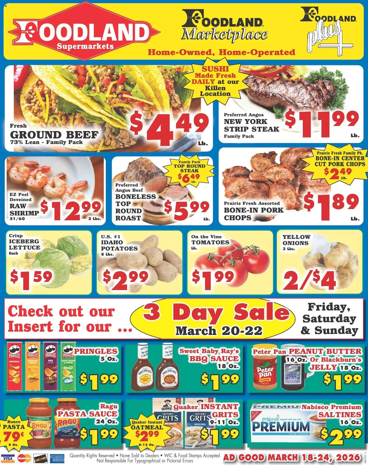 Ad Preview of Foodland Foodland Weekly Ad - Supermarkets from 03/18/2026 - Sushi, Pasta, Steak, Shrimp, Pan, Butter, Beef, Pork