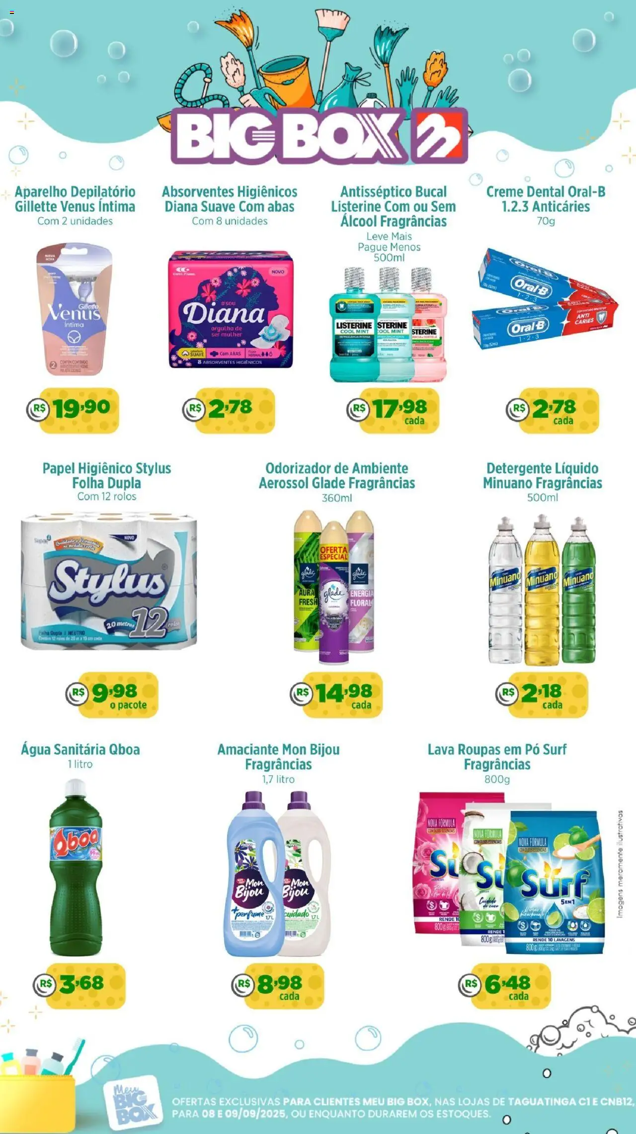 Big Box folheto "Ofertas Higiene e Limpeza" válido a partir de 08/09/2025 - número de página 1 - Água, Álcool, Amaciante, Pó, Água sanitária, Listerine, Creme dental, Odorizador de ambiente