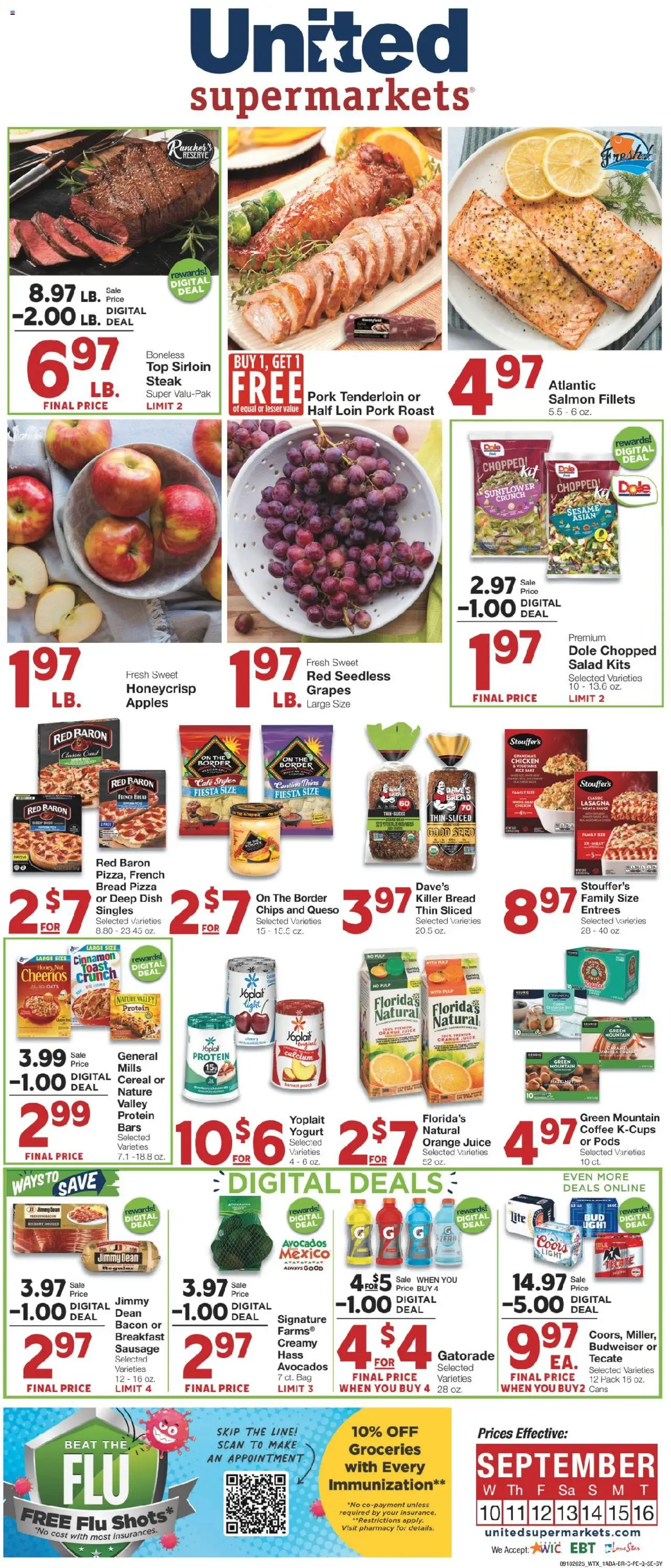 United Supermarkets Weekly Ad from 09/09/2025 - Flyer - Page number 1 - Coffee, Apples, Salad, Bread, Yogurt, Cereal, Bacon, Bag