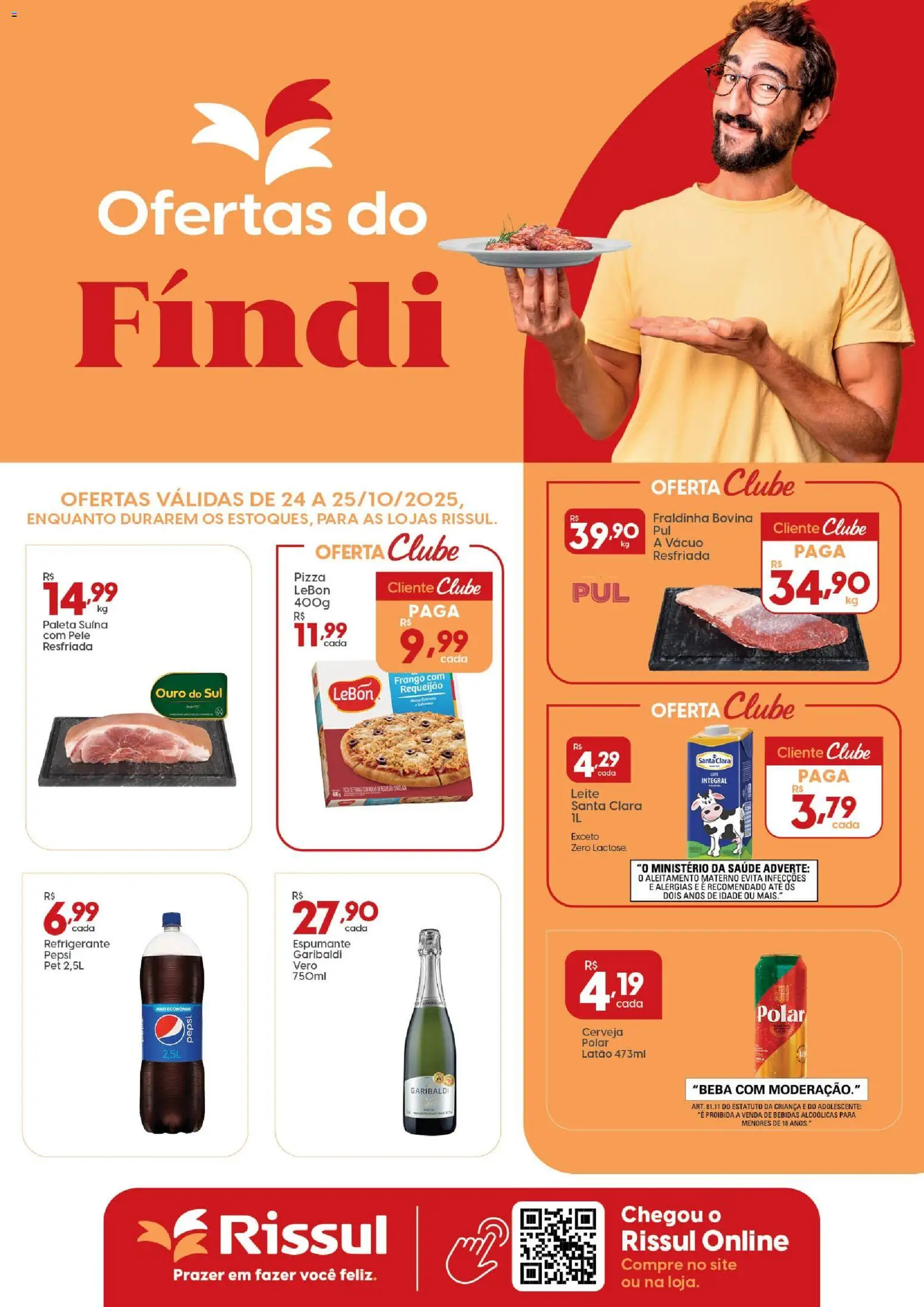 Pré-Visualização do folheto "Ofertas do Fíndi" da loja Rissul válido a partir de 24/10/2025 - Pizza, Cerveja, Bebidas, Leite, Fraldinha, Requeijão, Espumante, Paleta suína