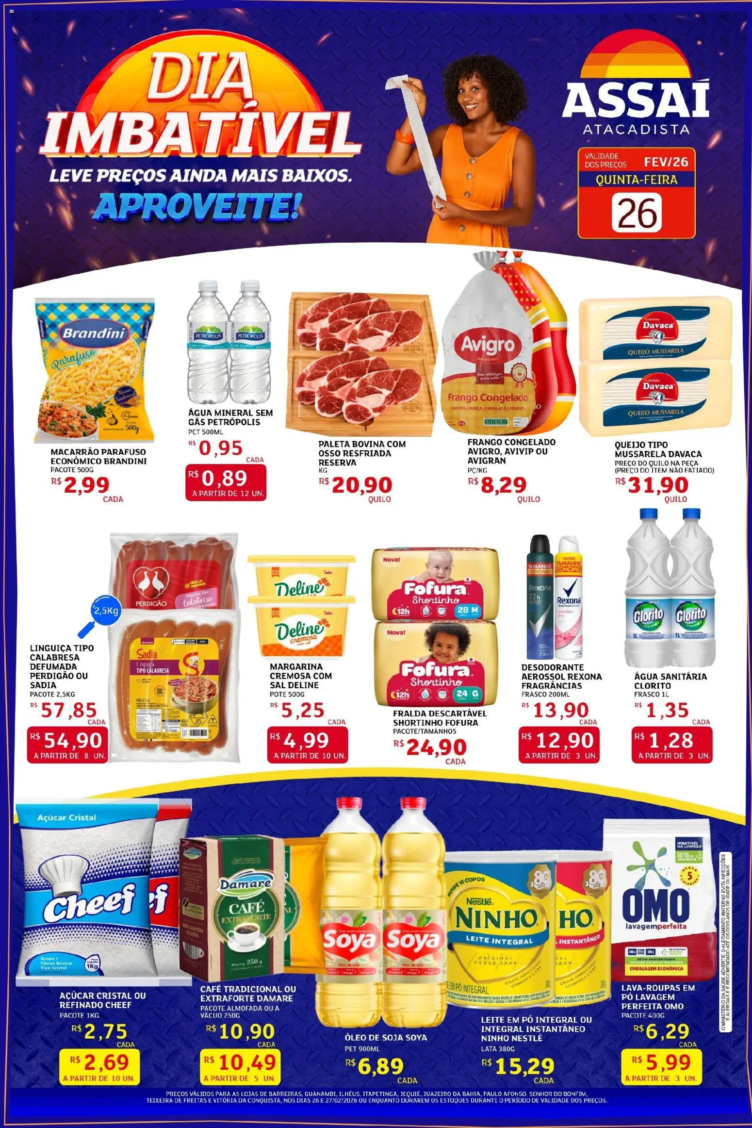 Pré-Visualização do folheto "Encarte - BA" da loja Assaí Atacadista válido a partir de 26/02/2026 - Café, Água, Macarrão, Mussarela, Açúcar, Margarina, Leite integral, Água mineral