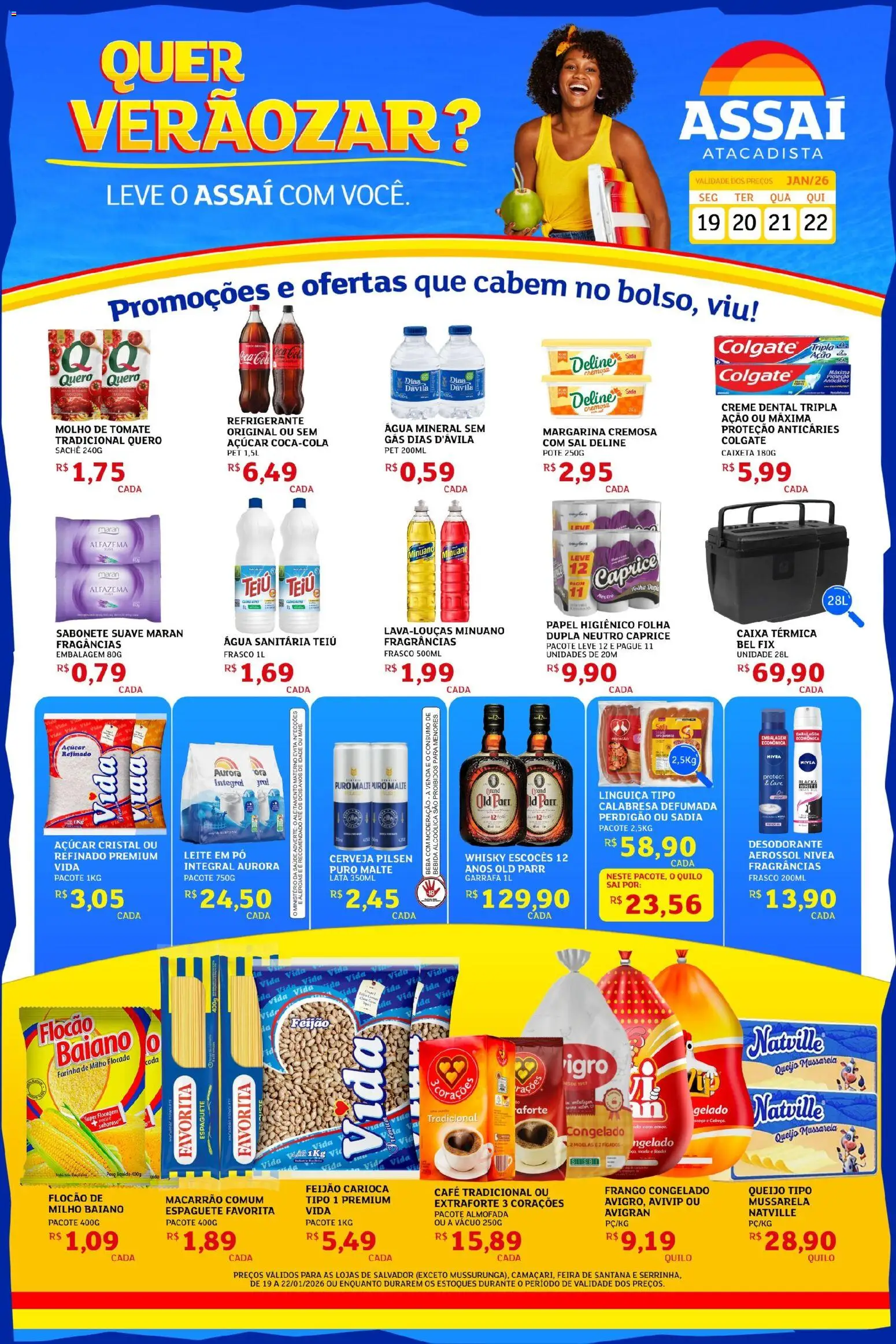 Pré-Visualização do folheto "Encarte - BA" da loja Assaí Atacadista válido a partir de 19/01/2026 - Macarrão, Desodorante, Bebida, Milho, Papel higiênico, Leite em pó, Água mineral, Creme dental