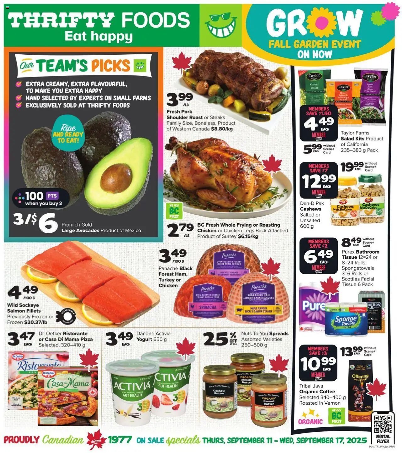 Thrifty Foods flyer valid from Sep 11, 2025 - page number 1 - Pizza, Chicken, Salmon, Nuts, Ham, Pork, Roast, Towels