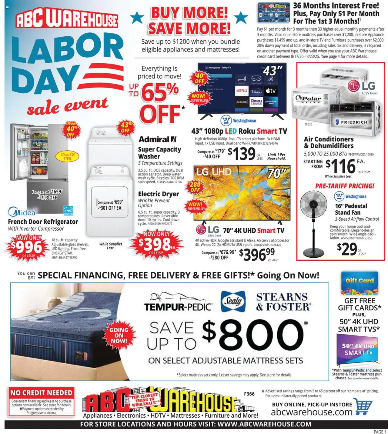 ABC Warehouse Weekly Ad from 08/17/2025 - Flyer - Page number 1 - Video, Refrigerator, Mattress, Fan, Washer, Dryer, Usb, Compressor