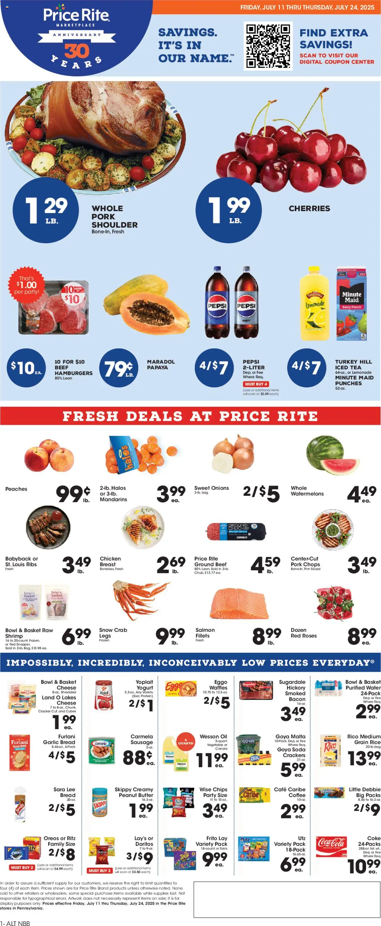 Price Rite Weekly Ad from 07/11/2025 - Flyer - Page number 1 - Pork shoulder, Waffles, Chicken, Butter, Protein, Peanut butter, Lemonade, Salmon