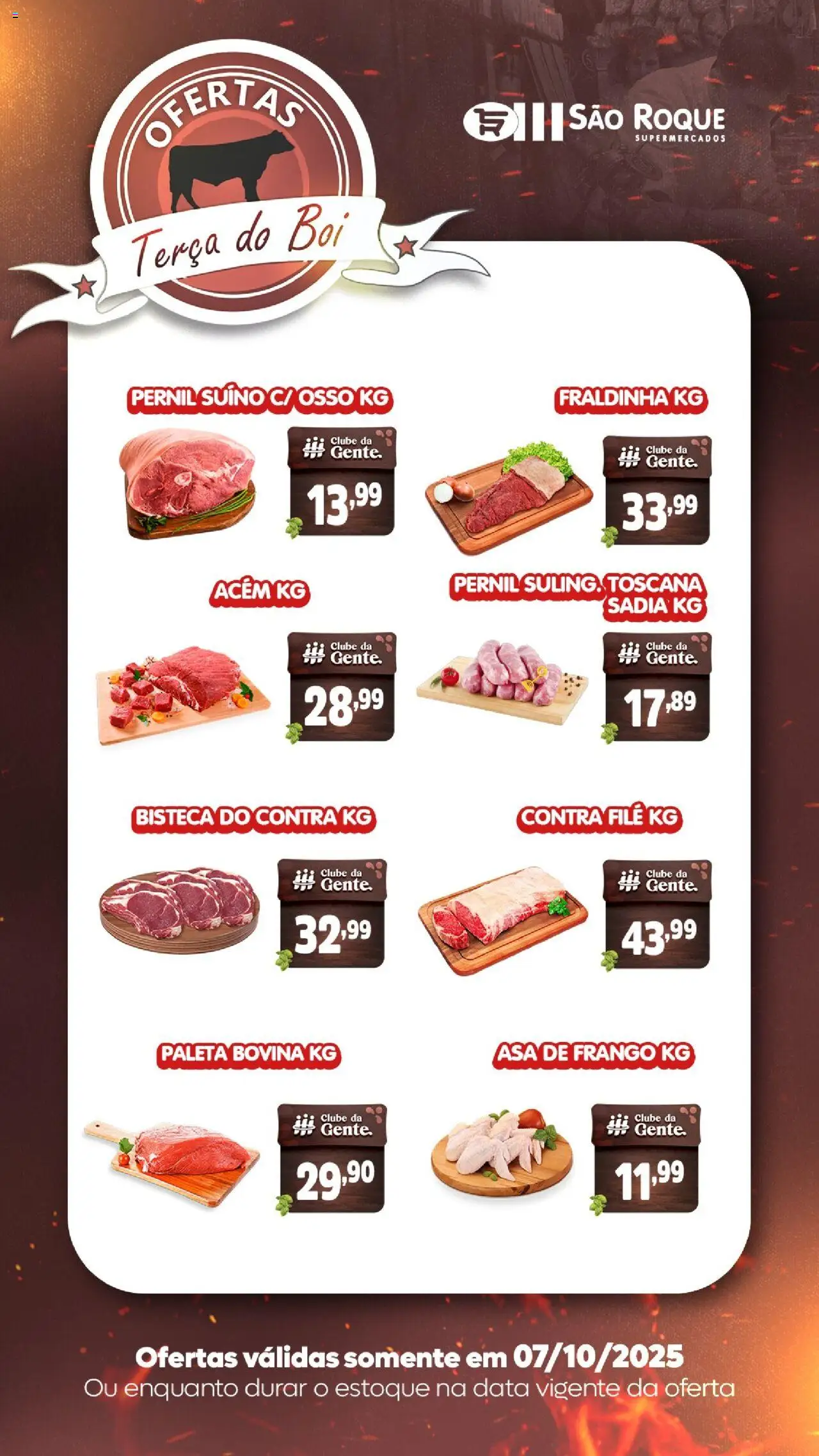São Roque Supermercados folheto "Ofertas da semana" válido a partir de 07/10/2025 - número de página 1 - Frango, Fraldinha, Pernil, Contra filé, Asa de frango, Pernil suíno, Acém