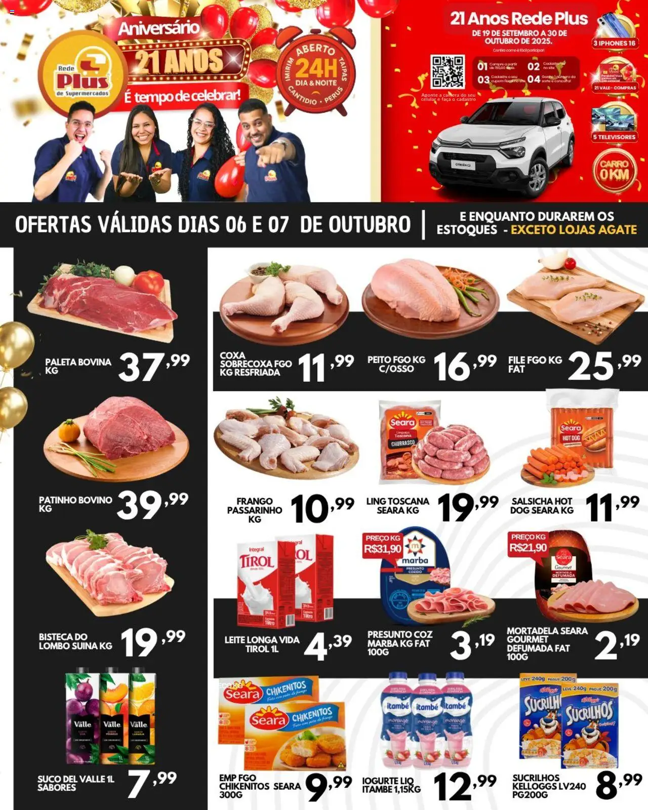 Rede Plus Supermercados folheto "Ofertas da semana" válido a partir de 06/10/2025 - número de página 1 - Celular, Iogurte, Leite, Suco, Sucrilhos, Presunto, Leite longa vida, Faca