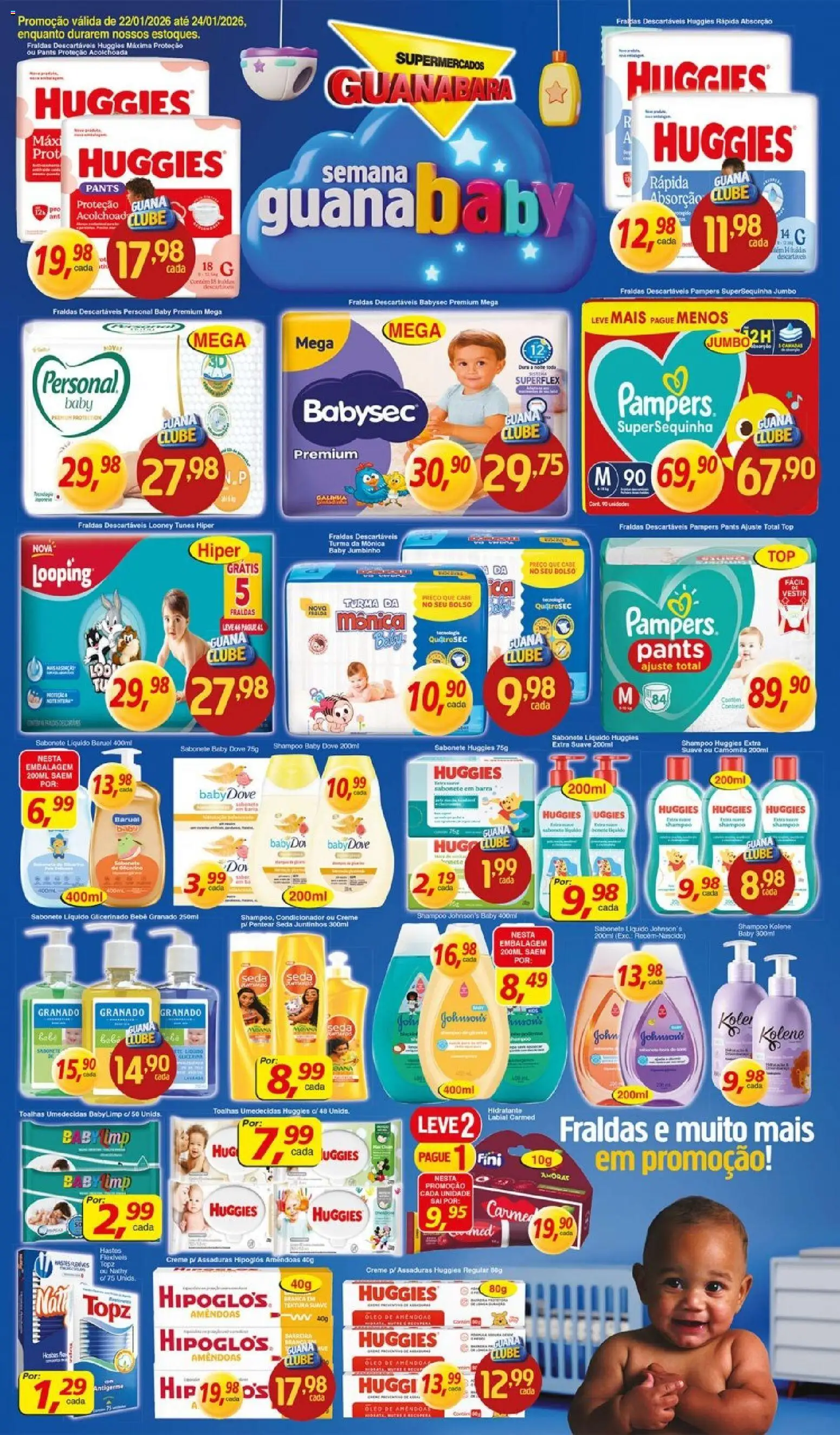 Pré-Visualização do folheto "Encarte" da loja Supermercados Guanabara válido a partir de 22/01/2026 - Shampoo, Óleo, Sabonete líquido, Pampers, Creme, Dove, Condicionador, Amoras