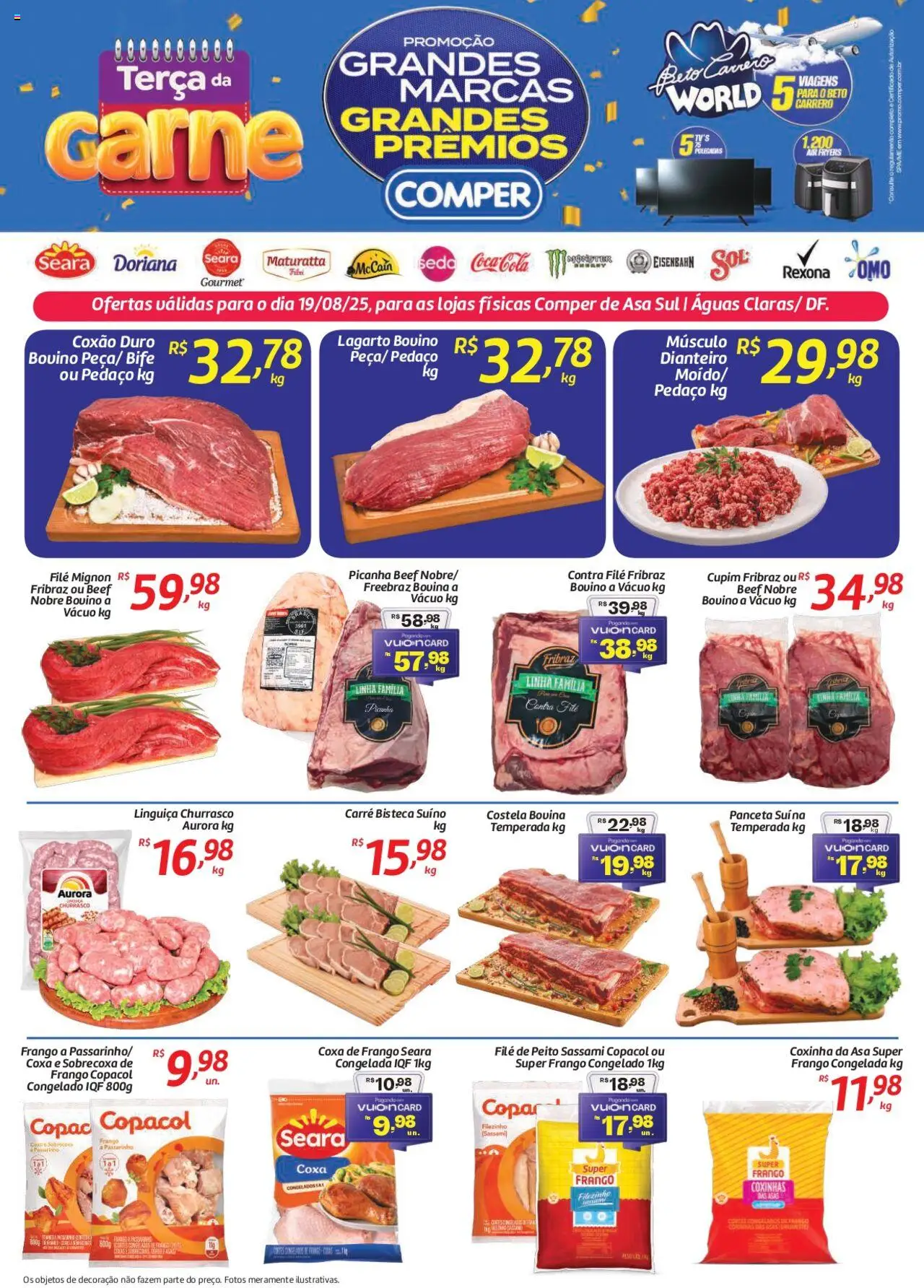 Comper folheto "Ofertas Terça da Carne" válido a partir de 19/08/2025 - número de página 1 - Decoração, Carne, Frango, Rexona, Filé mignon, Coxa de frango, Contra filé, Coxão duro