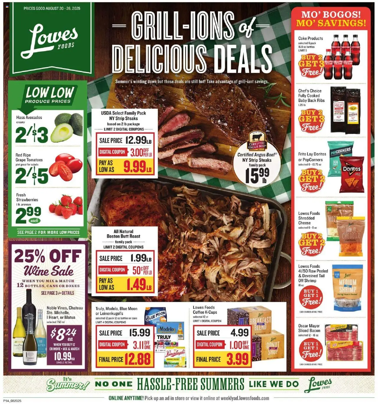 Lowes Foods Weekly Ad from 08/20/2025 - Flyer - Page number 1 - Coffee, Wine, Strawberries, Cheese, Shrimp, Tomatoes, Bacon, Beef