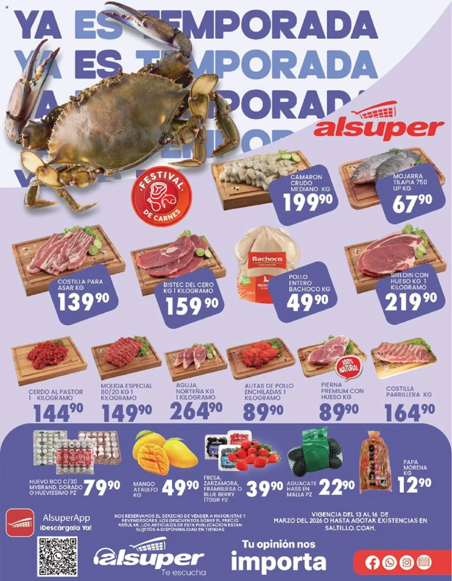 Vista previa las ofertas de la tienda Alsuper - Alsuper folleto Saltillo desde el 13/03/2026 - Mango, Papa, Caja, Tilapia, Sobre, Steak, Alitas de pollo, Malla