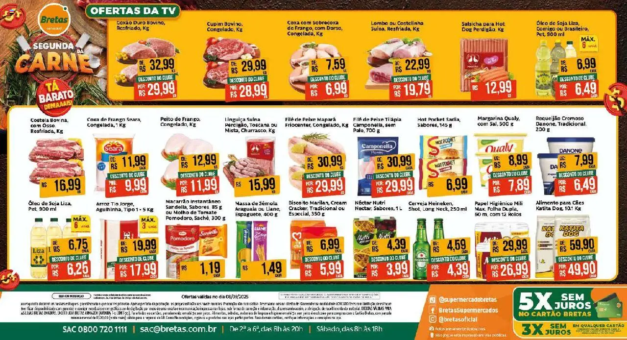 Bretas folheto "Ofertas do Dia" válido a partir de 08/09/2025 - número de página 1 - Macarrão, Arroz, Frango, Requeijão, Linguiça, Coxa de frango, Tilápia, Macarrão instantâneo