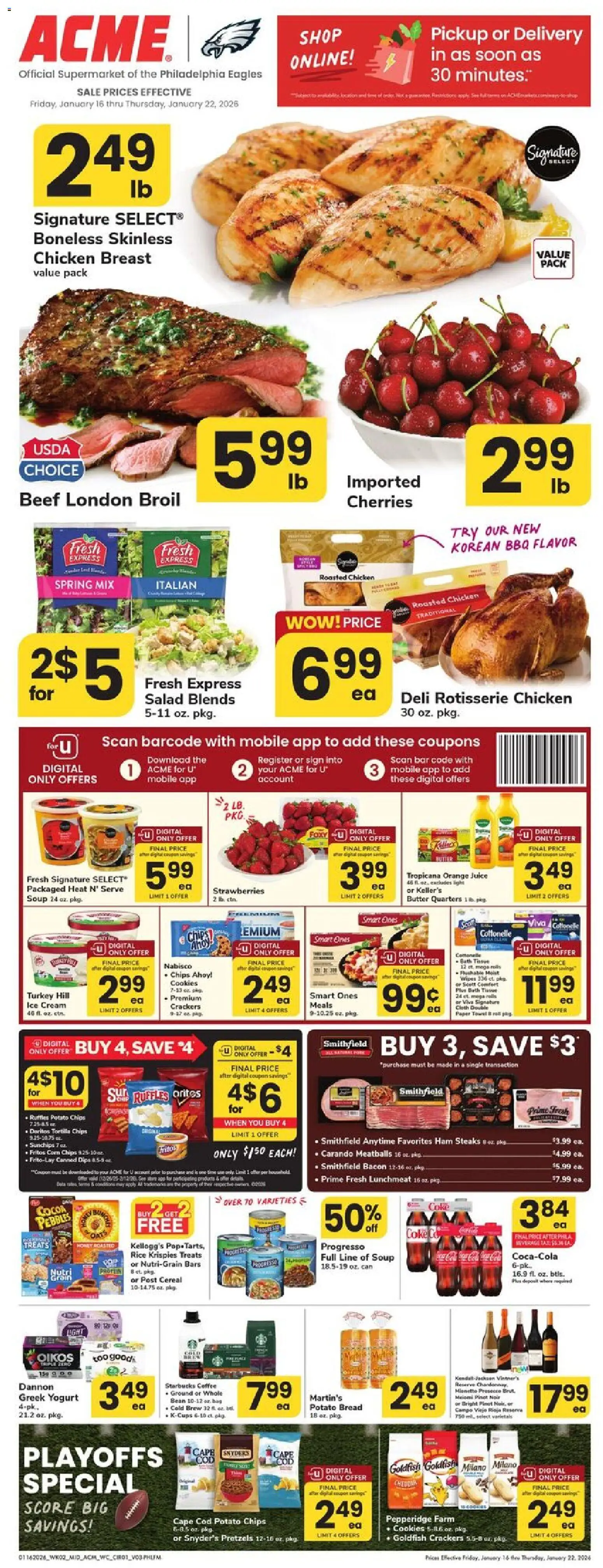 Ad Preview of Acme Weekly Ad from 01/16/2026 - Cocoa, Bread, Protein, Butter, Beef, Crackers, Cream, Chicken