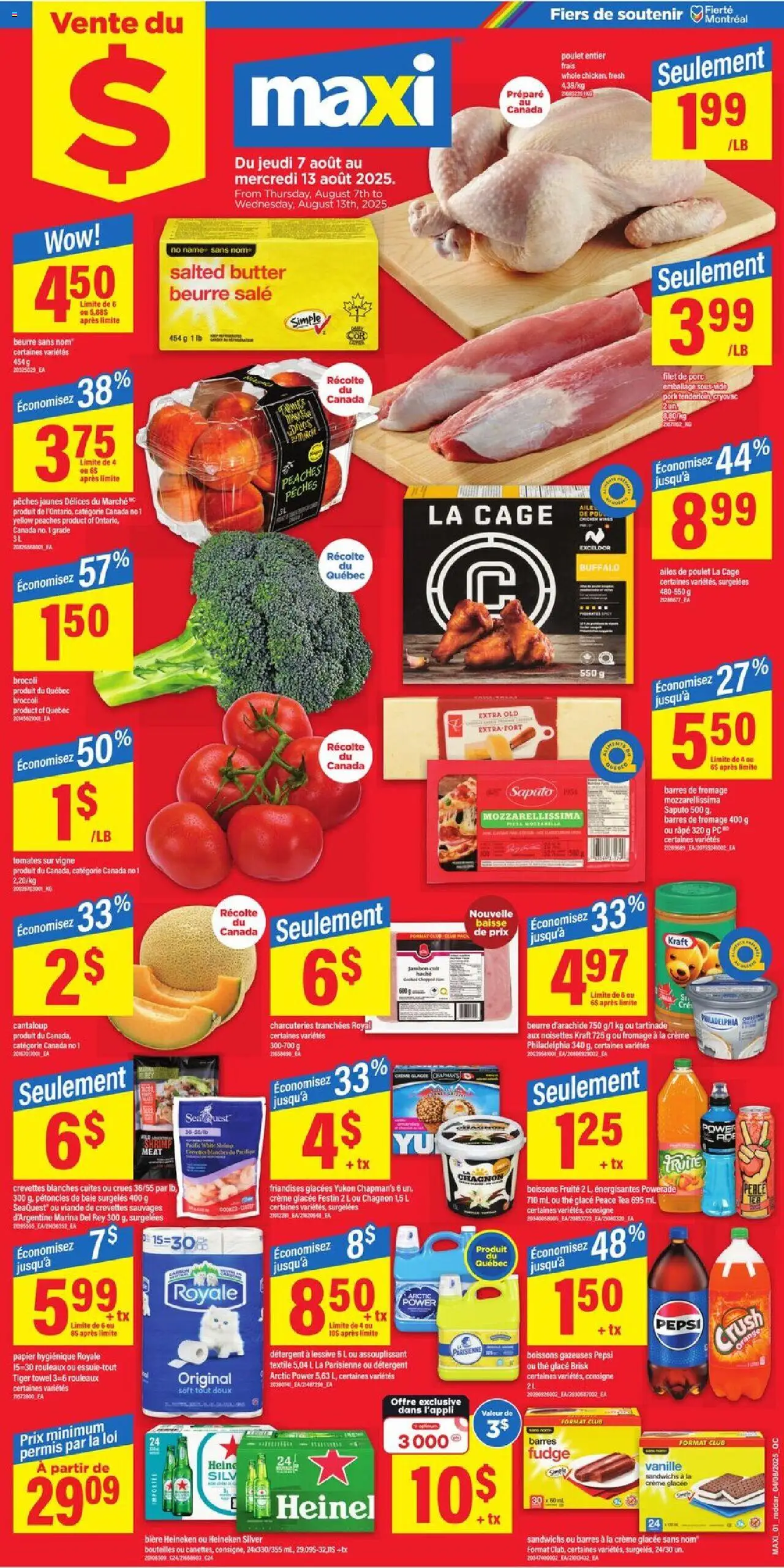 Maxi flyer valid from Aug 07, 2025 - page number 1 - Pizza, Tea, Broccoli, Shrimp, Butter, Pork, Heineken, Detergent