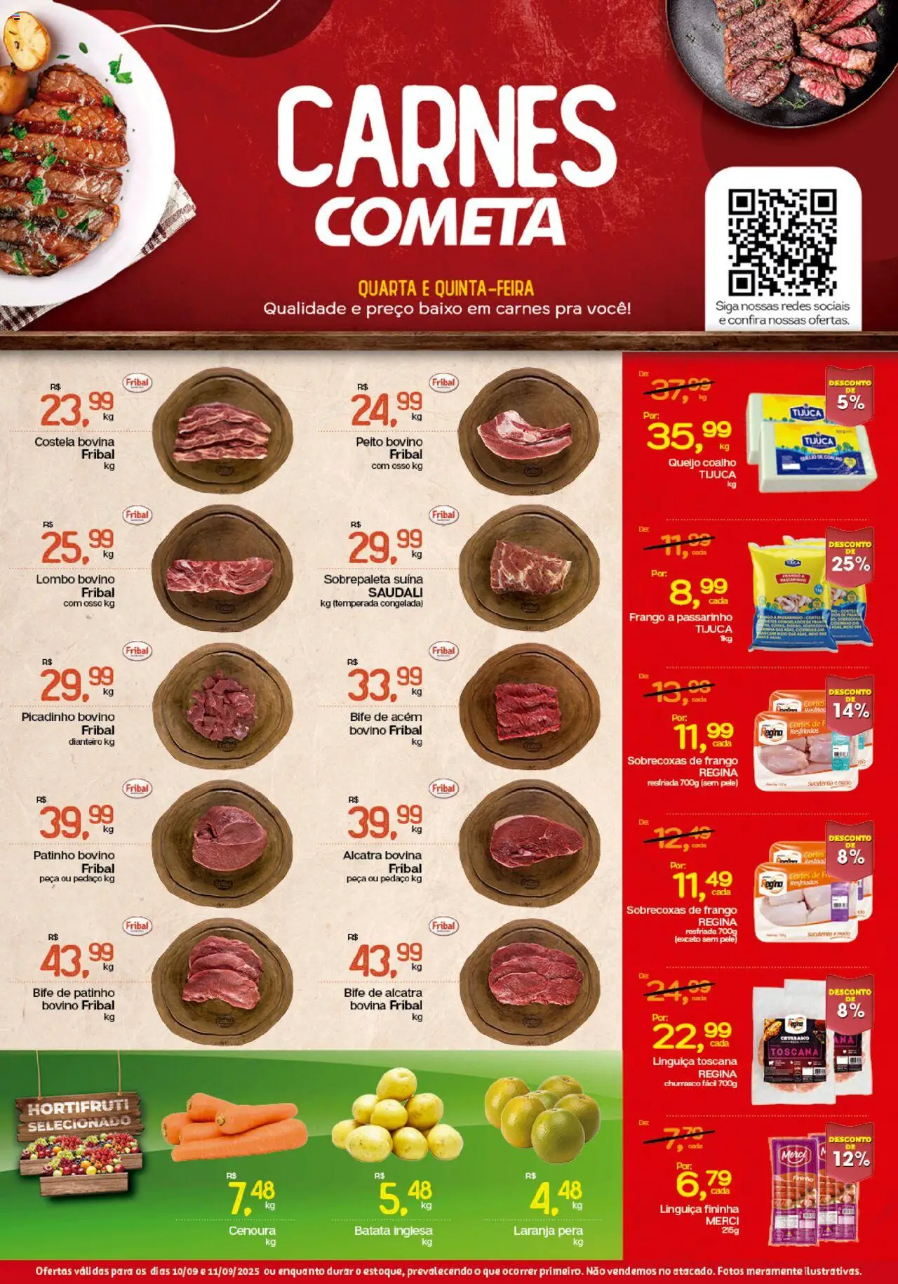 Cometa Supermercados folheto "Ofertas Carnes" válido a partir de 10/09/2025 - número de página 1 - Batata, Queijo coalho, Cenoura, Cola, Baixo, Acém, Bife de alcatra, Sobrepaleta suína