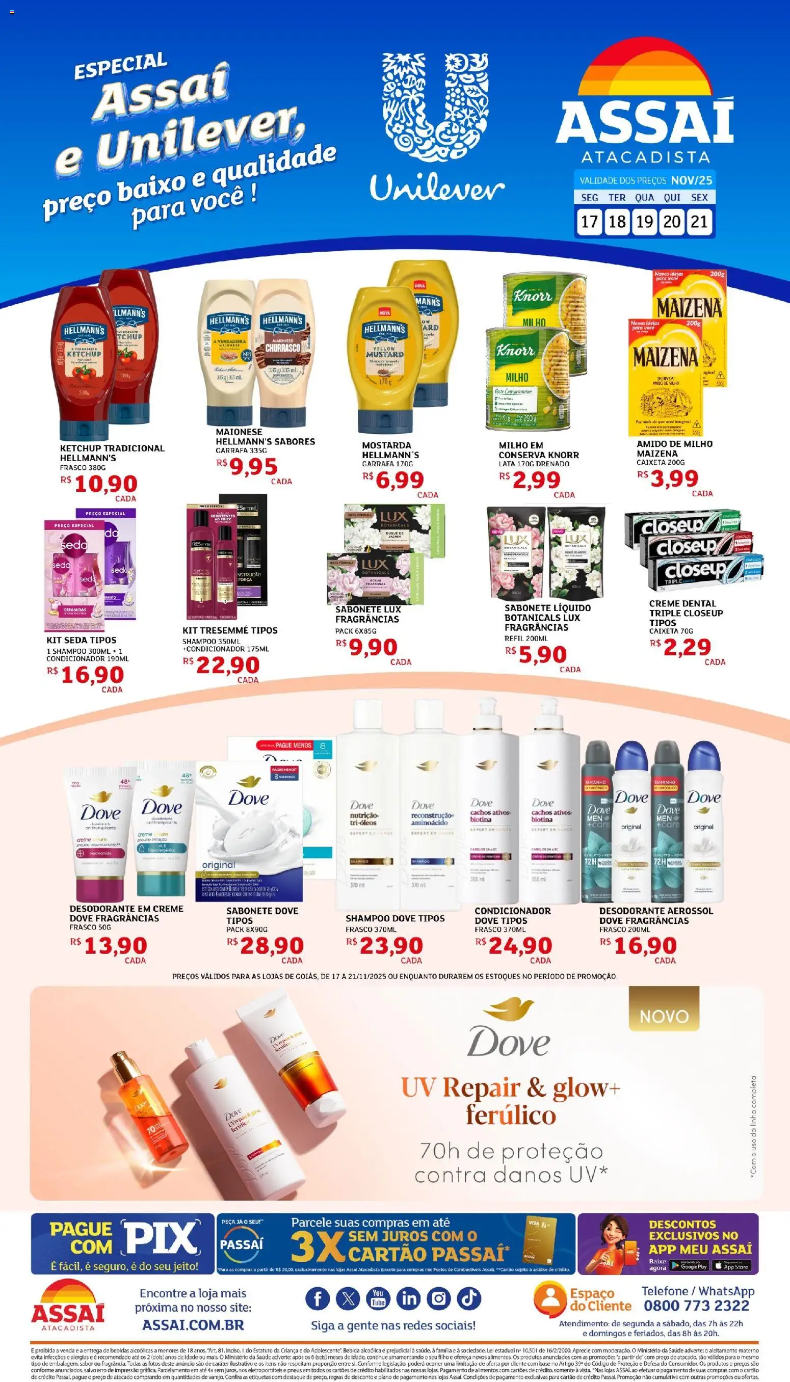 Pré-Visualização do folheto "Encarte - GO" da loja Assaí Atacadista válido a partir de 17/11/2025 - Desodorante, Pneus, Amido de milho, Baixo, Mostarda, Condicionador, Creme dental, Knorr