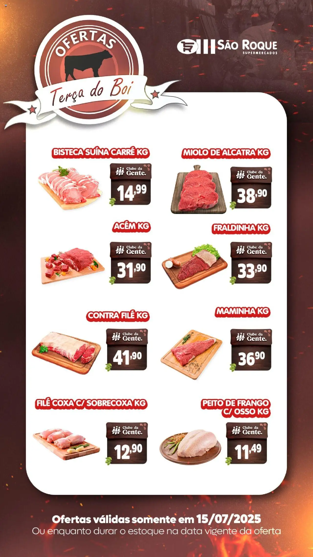 São Roque Supermercados folheto "Ofertas da semana" válido a partir de 15/07/2025 - número de página 1 - Acém, Alcatra, Contra filé, Fraldinha, Maminha, Frango, Peito de frango