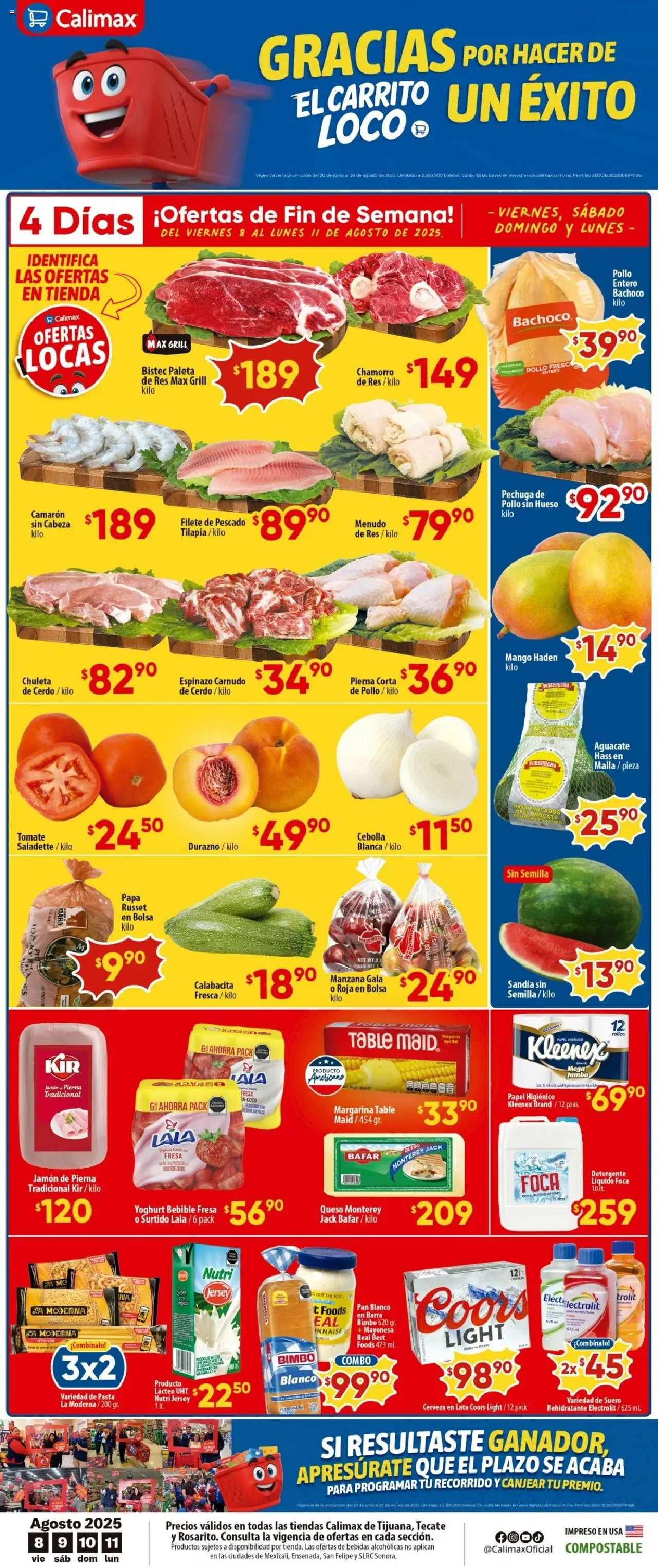 Folleto Rosarito Calimax y sus promociones válidas desde el 08/08/2025 - Número de página 1 - Bolsa, Tomate, Sandía, Cebolla, Cerdo, Harina, Filete de pescado, Chuleta