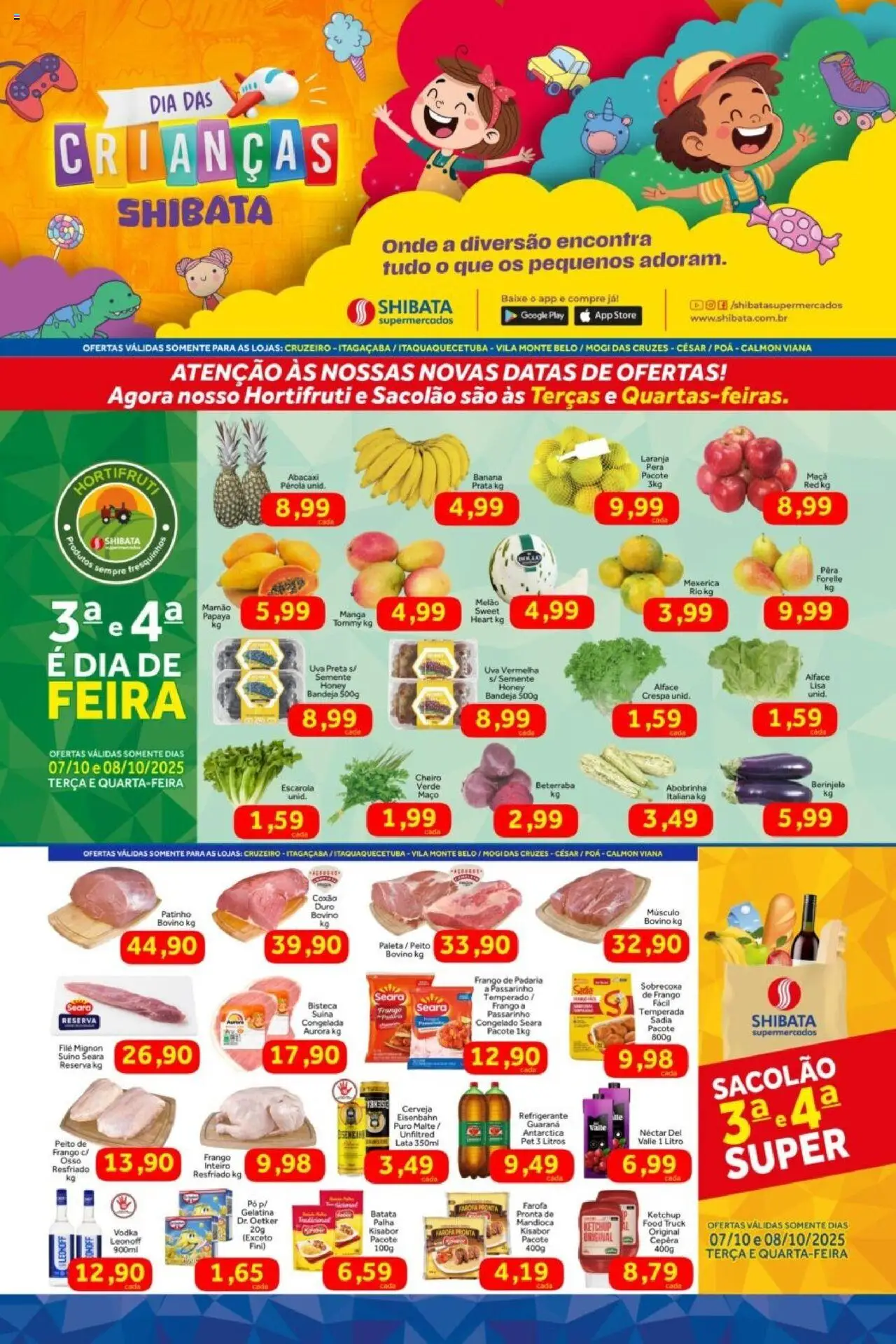 Shibata folheto "Ofertas Cruzeiro, Itaqua, Mogi César e Poá" válido a partir de 07/10/2025 - número de página 1 - Manga, Abacaxi, Abobrinha, Alface, Farofa, Mexerica, Melão, Músculo bovino