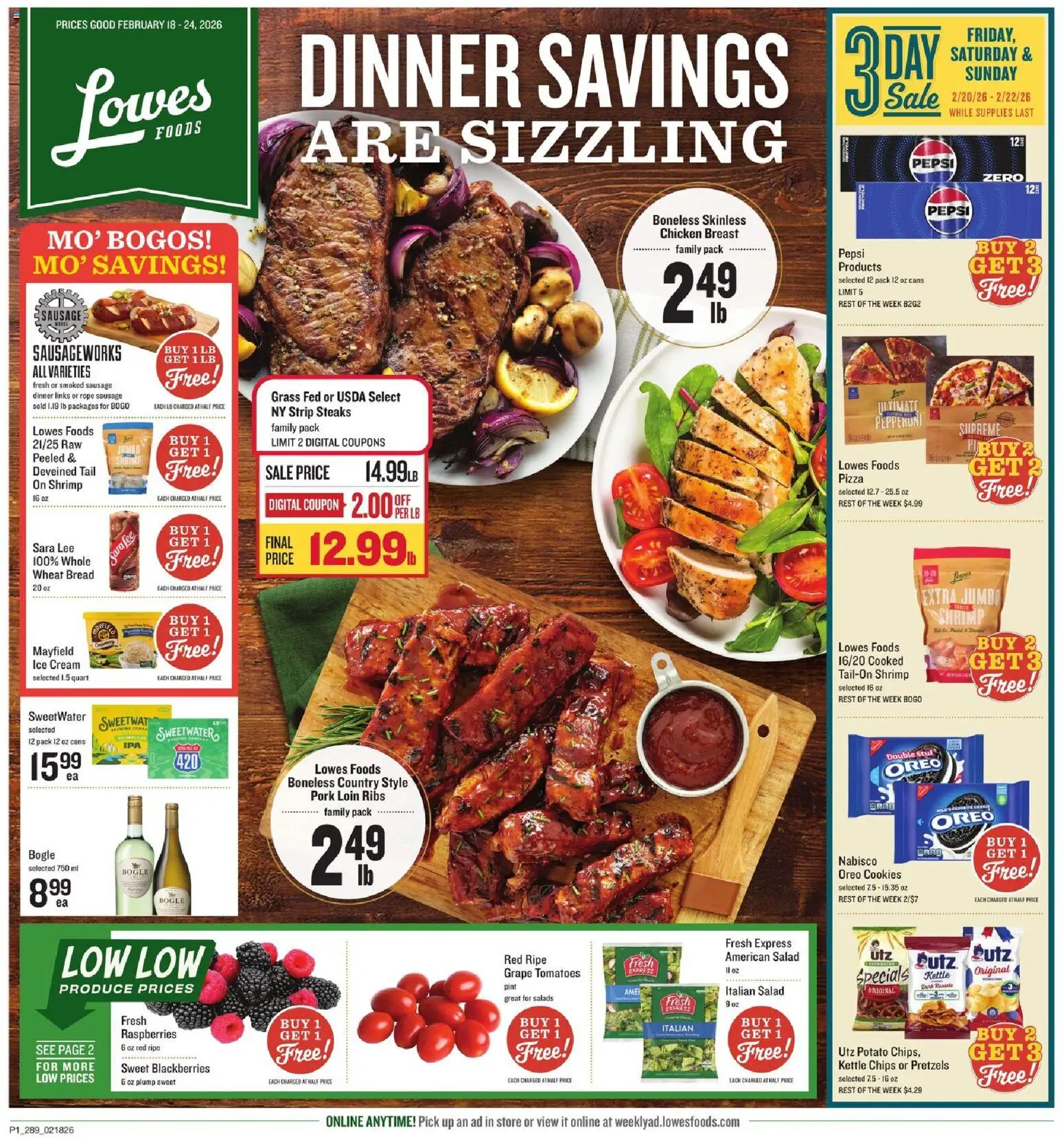 Ad Preview of Lowes Foods Weekly Ad - GA from 02/18/2026 - Ice cream, Cookies, Bread, Tomatoes, Oreo, Sausage, Cream, Pepsi Zero