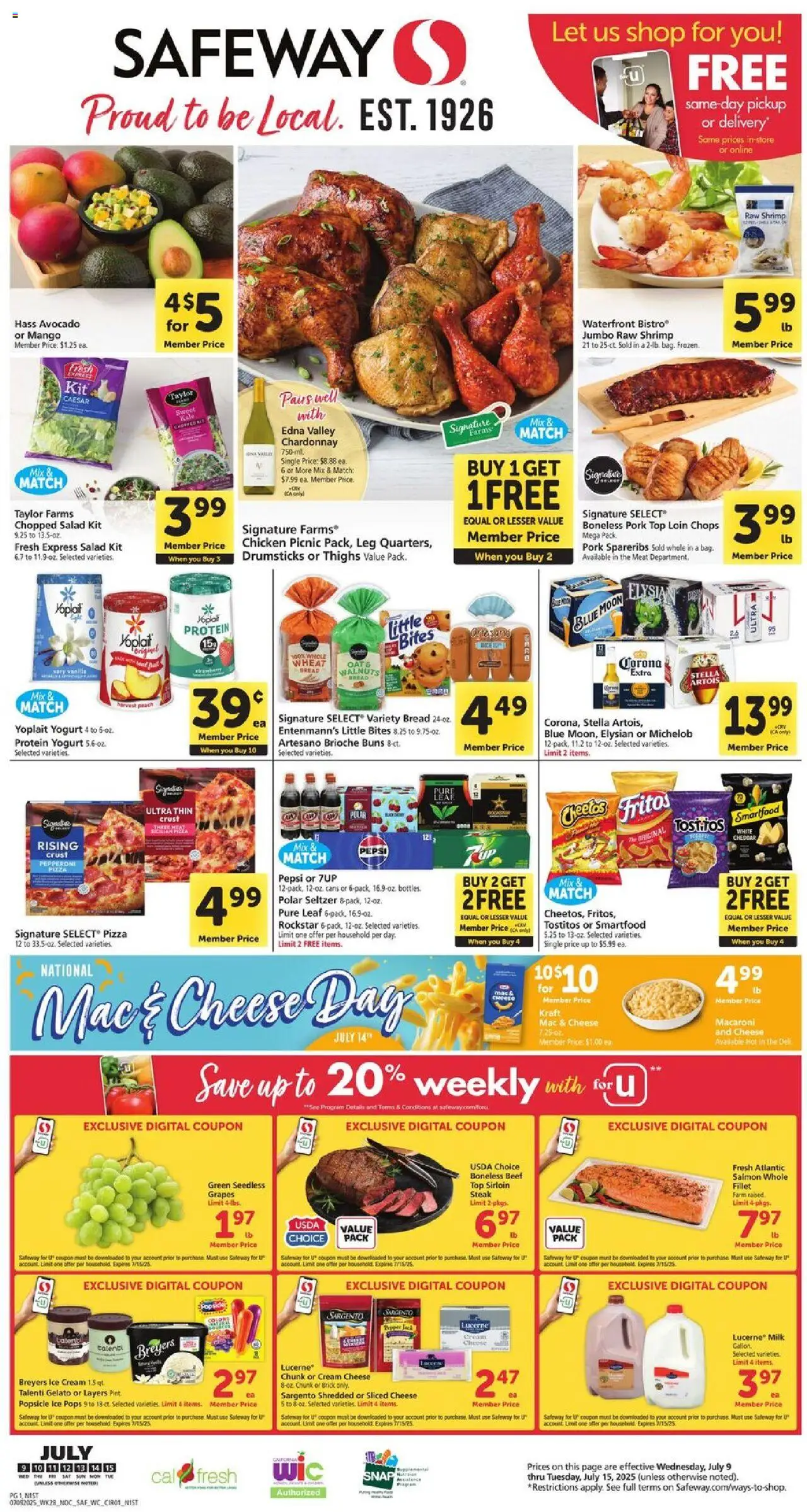 Safeway Weekly Ad from 07/09/2025 - Flyer - Page number 1 - Shrimp, Cheese, Yogurt, Pork, Ice cream, Avocado, Drumsticks, Steak