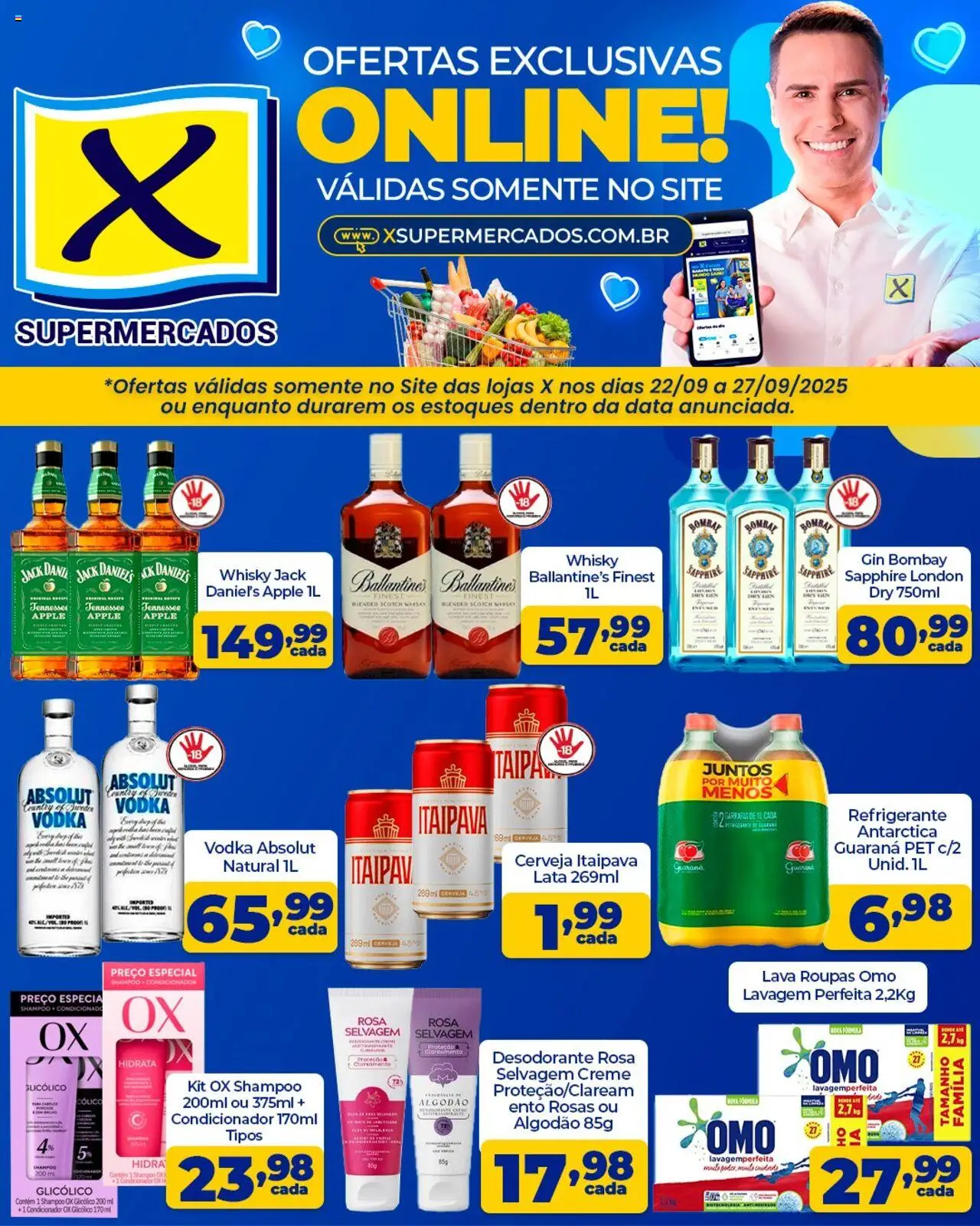 X Supermercados folheto "Ofertas Especiais" válido a partir de 22/09/2025 - número de página 1 - Shampoo, Gin, Refrigerante, Condicionador, Guaraná, Vodka Absolut, Gin Bombay, Ballantine’s
