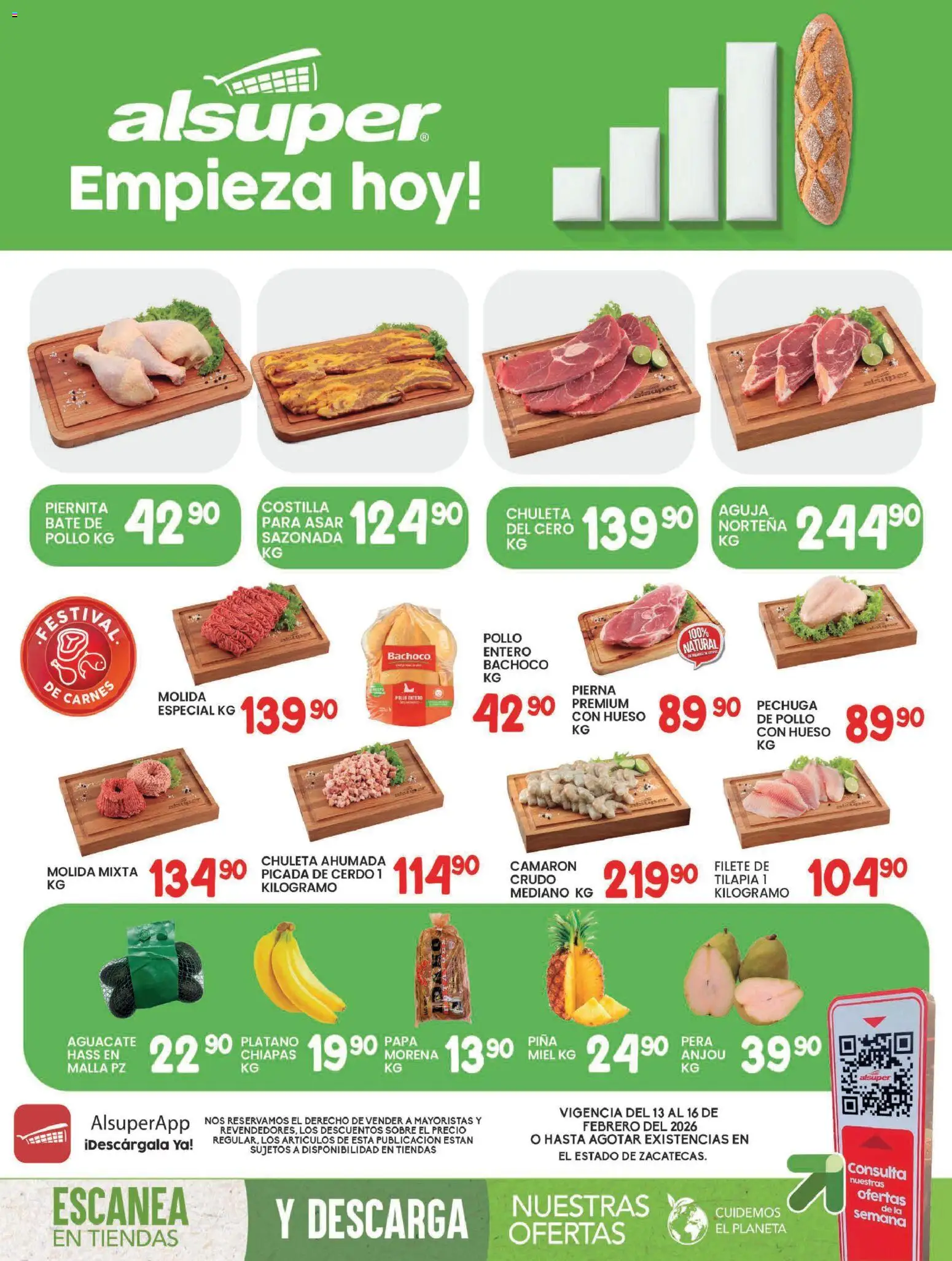 Vista previa las ofertas de la tienda Alsuper - Folleto Zacatecas desde el 13/02/2026 - Plátano, Piña, Cerdo, Tilapia, Sobre, Chuleta ahumada, Filete, Malla