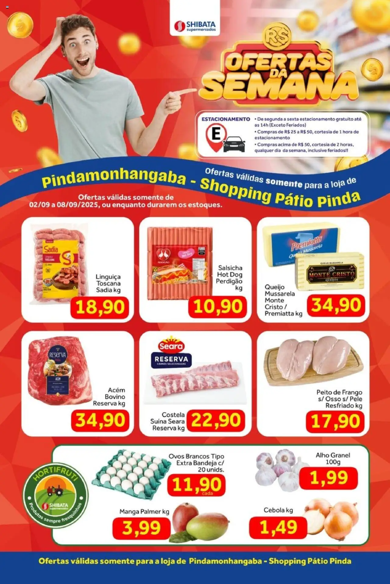 Shibata folheto "Ofertas Pátio Pinda" válido a partir de 02/09/2025 - número de página 1 - Manga, Salsicha, Ovos, Queijo, Frango, Cebola, Bandeja, Alho