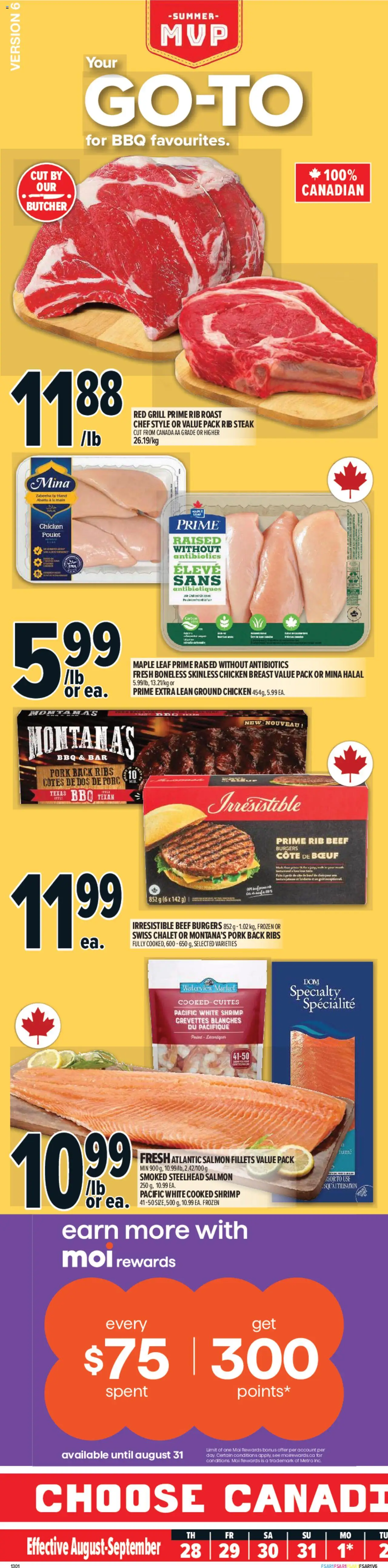 Metro flyer valid from Aug 28, 2025 - page number 1 - Burgers, Chicken, Steak, Salmon, Shrimp, Beef, Grill, Chicken breast