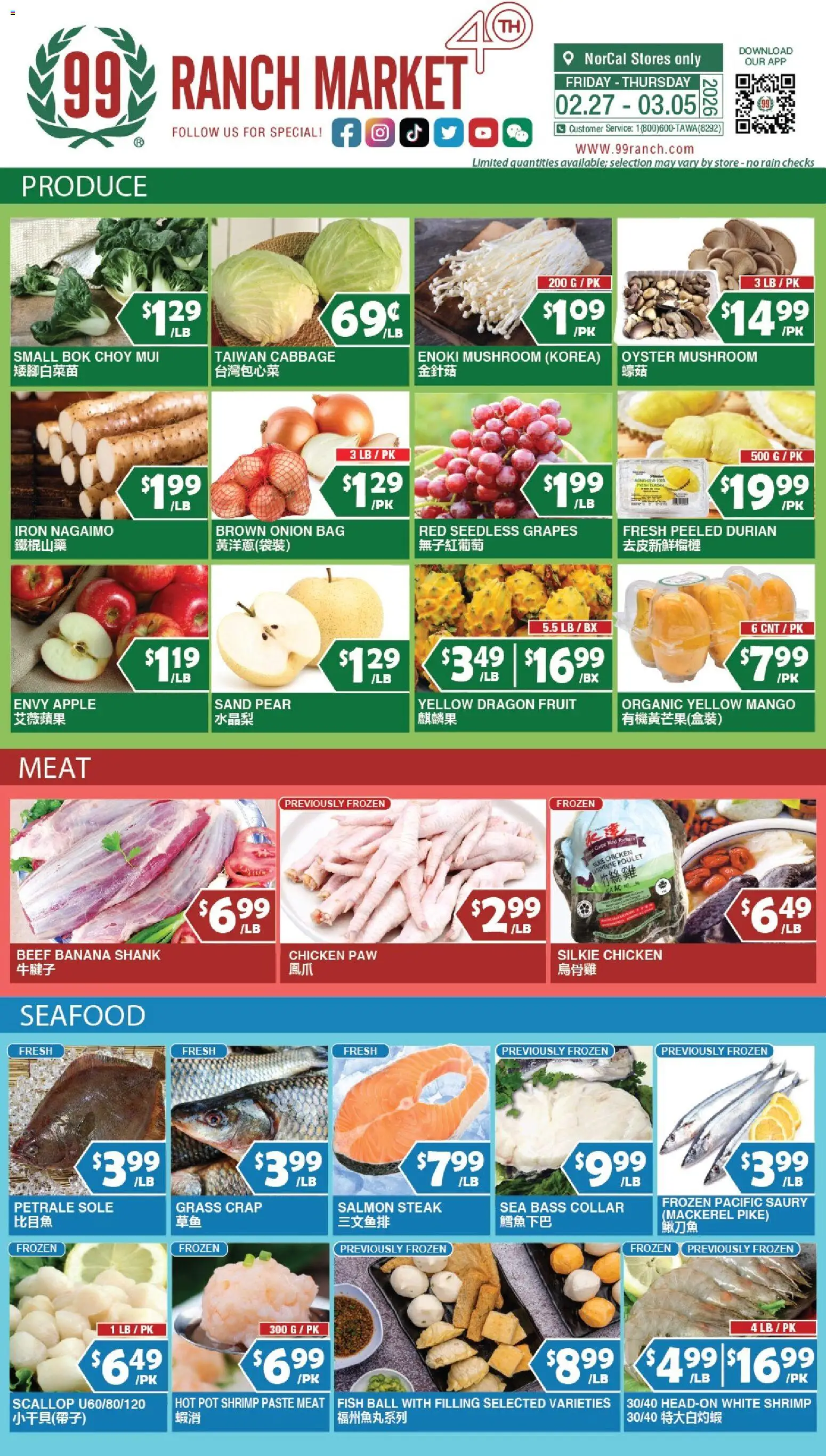 Ad Preview of 99 Ranch Market Perishables from 02/27/2026 - Fish, Mango, Fruit, Shrimp, Meat, Cabbage, Seedless grapes, Chicken