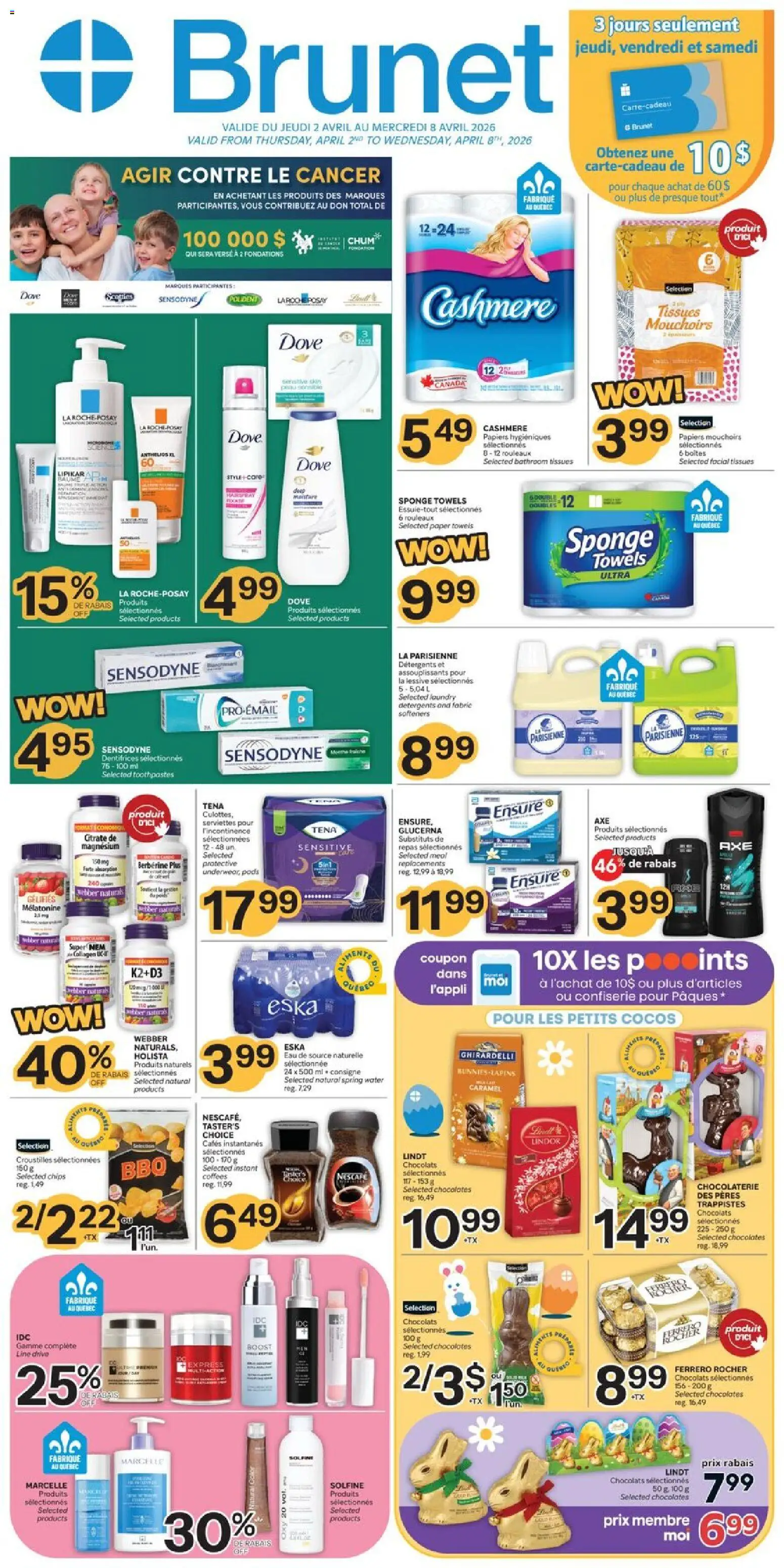 Preview of leaflet Brunet weekly flyer / circulaire from shop Brunet is valid from Apr 02, 2026 - Eau, Lindor, Serviettes, Confiserie, Lessive, Croustilles, Eau de source