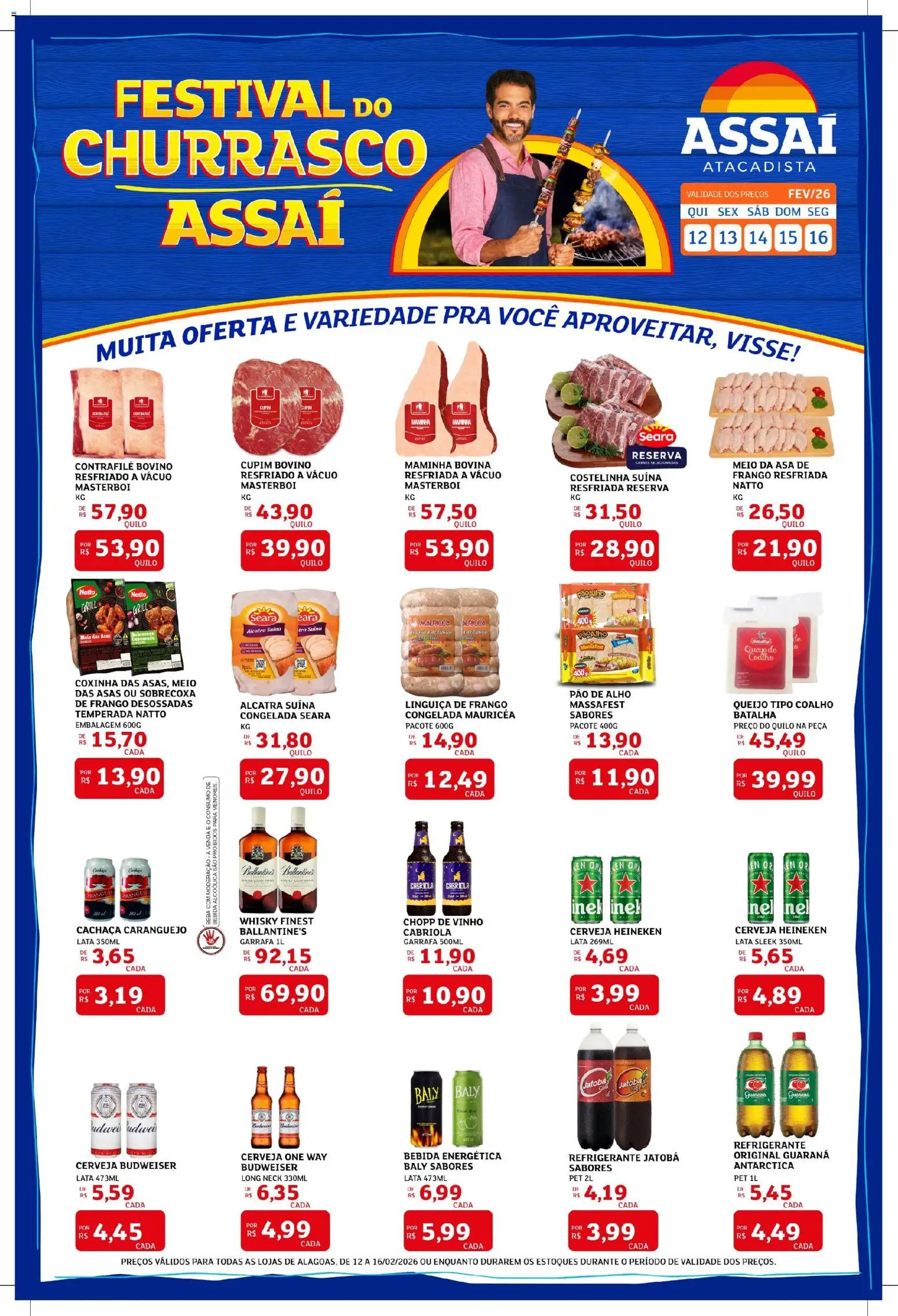 Pré-Visualização do folheto "Encarte - AL" da loja Assaí Atacadista válido a partir de 12/02/2026 - Cerveja, Vinho, Bebida, Grill, Linguiça, Guaraná, Bebida energética, Ballantine’s