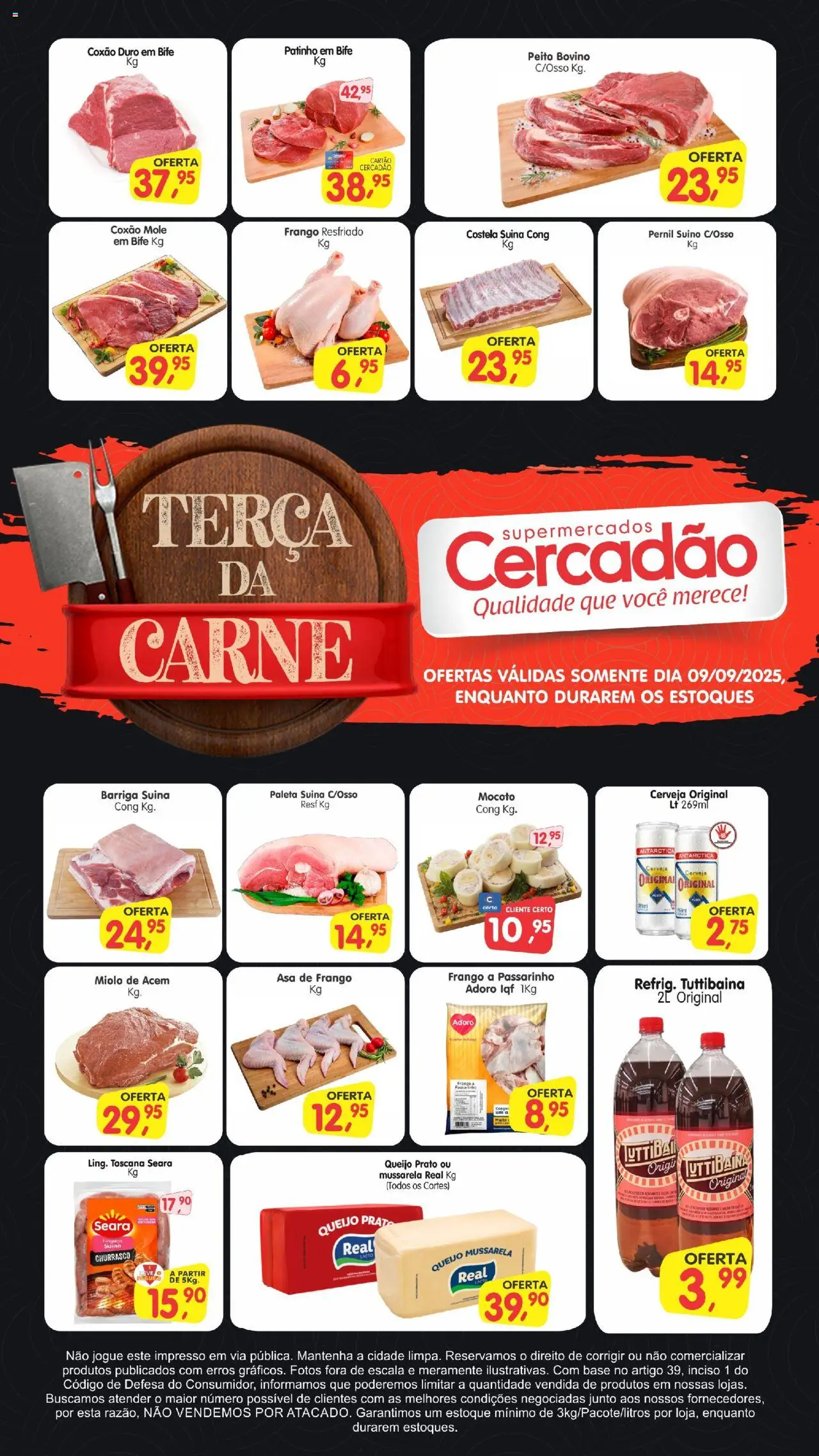 Cercadão folheto "Ofertas da semana" válido a partir de 09/09/2025 - número de página 1 - Carne, Linguiça, Coxão duro, Paleta suína, Pernil suíno, Acém, Frango resfriado, Coxão mole