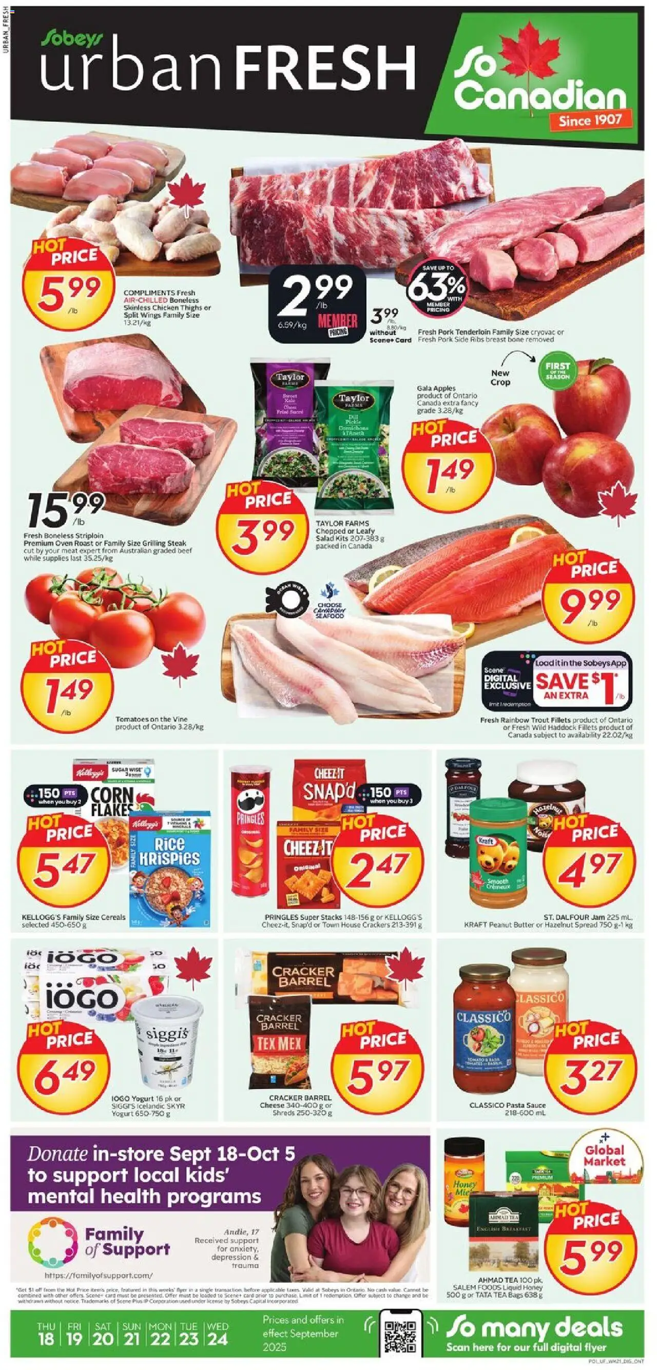 Sobeys flyer valid from Sep 18, 2025 - page number 1 - Apples, Steak, Cheese, Meat, Chicken thighs, Pork tenderloin, Oven, Crackers