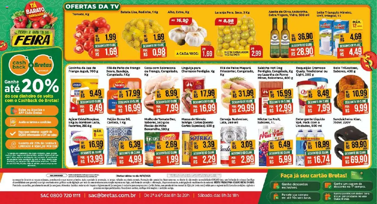 Bretas folheto "Ofertas do Dia" válido a partir de 01/10/2025 - número de página 1 - Salsicha, Leite, Tomate, Azeite de oliva, Bombom, Linguiça, Filé de peixe, Açúcar cristal
