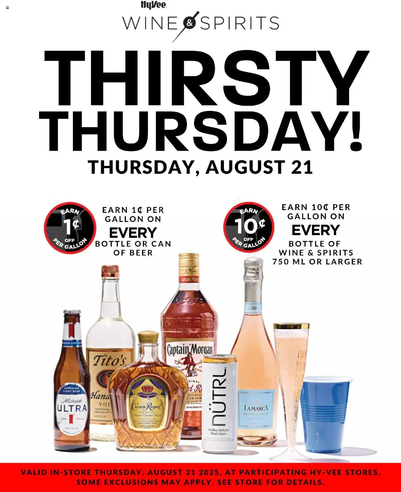 HyVee Thirsty Thursday from 08/21/2025 - Flyer - Page number 1 - Beer, Wine, Juice, Prosecco, Captain Morgan